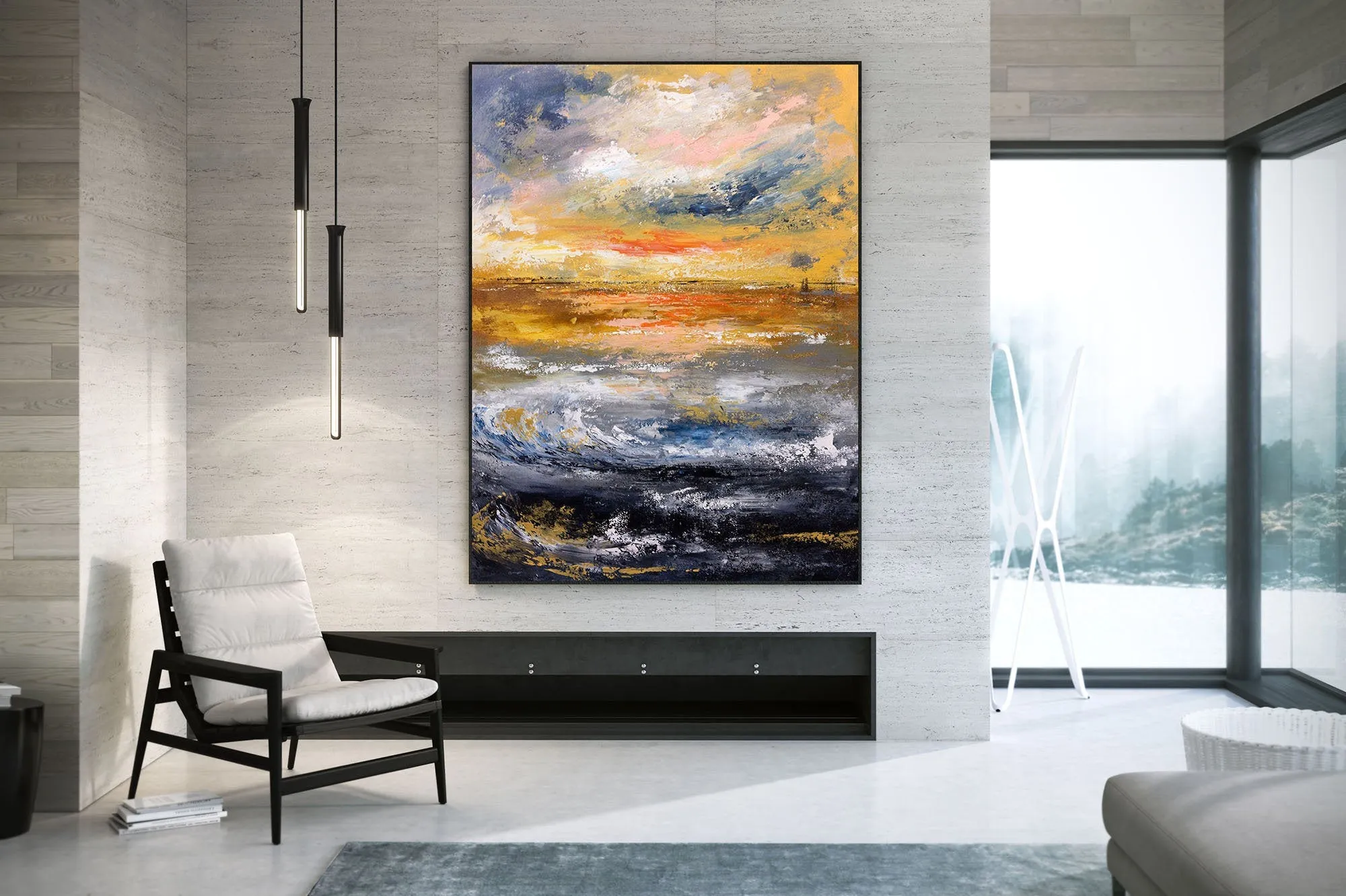 Blue Yellow Sea Palette Knife Painting Original Abstract Painting Fp077