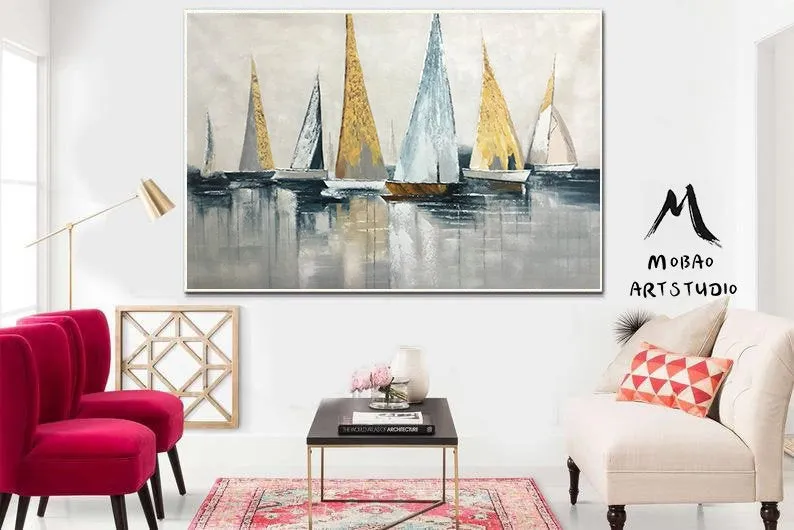 Canvas Wall Art Large Original Sailboats Gather in the Harbor Landscape Gp036