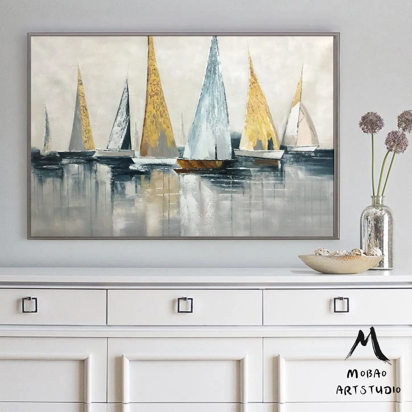 Canvas Wall Art Large Original Sailboats Gather in the Harbor Landscape Gp036