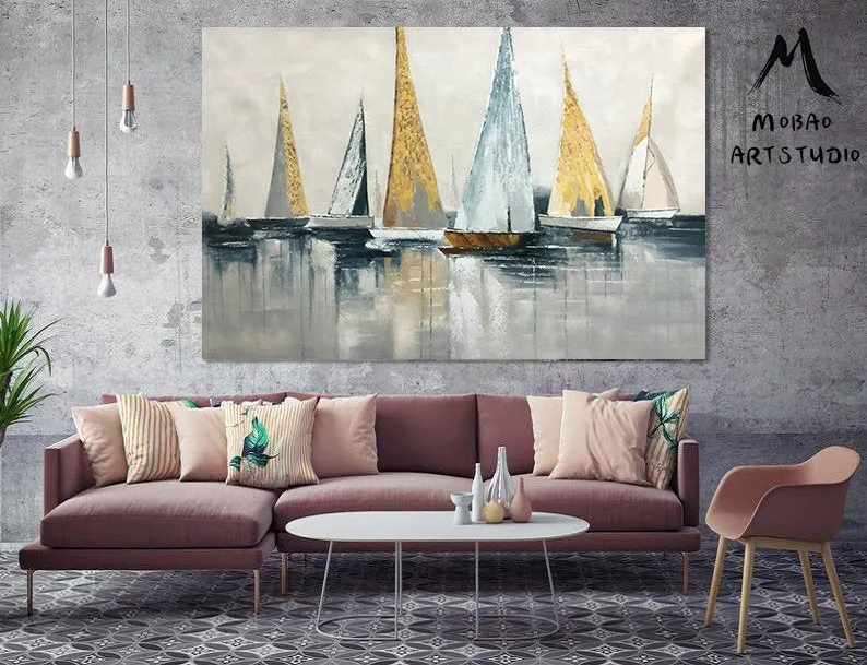 Canvas Wall Art Large Original Sailboats Gather in the Harbor Landscape Gp036