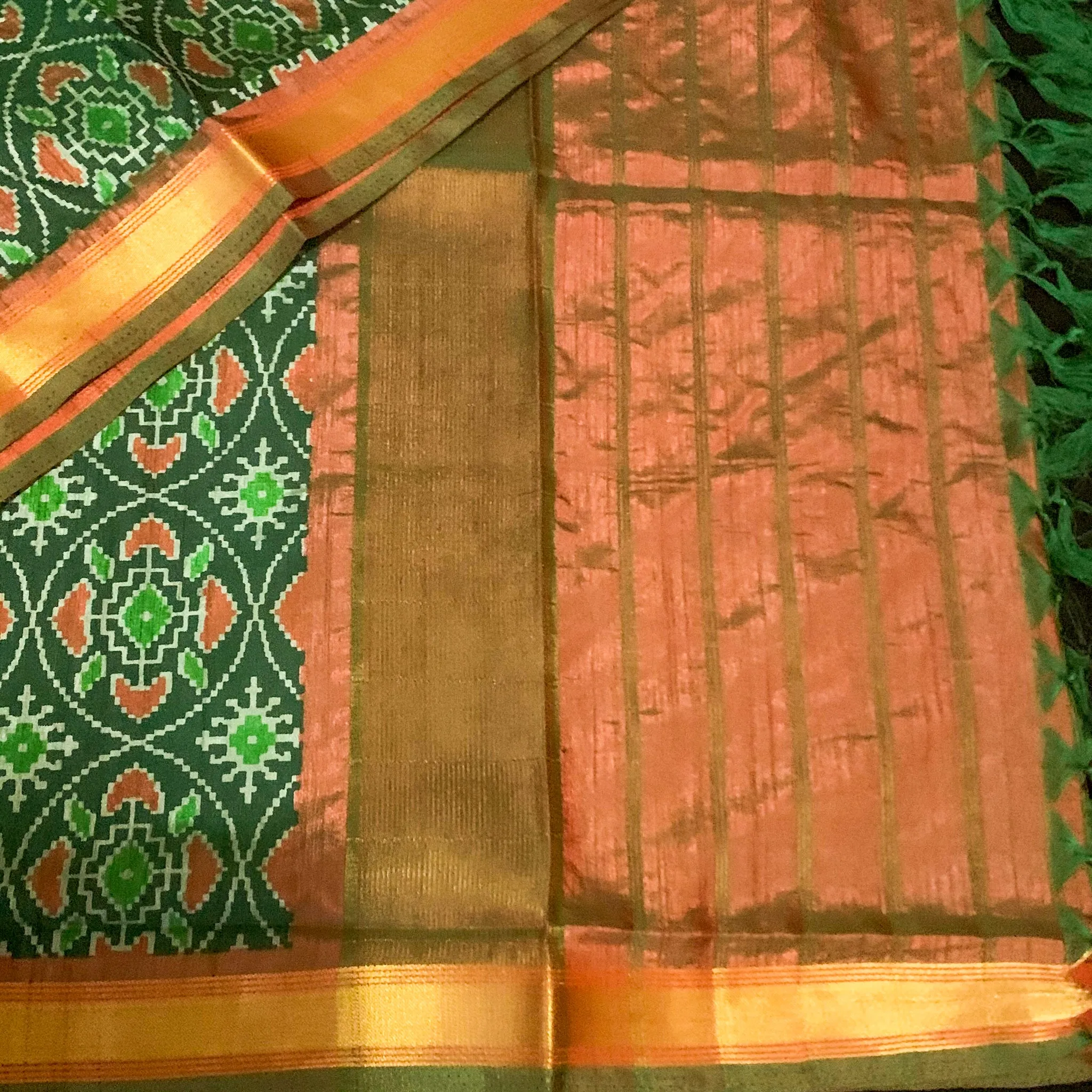 Captivating Green Pochampalli Ikkat silk Duppatta with mustard zari Border