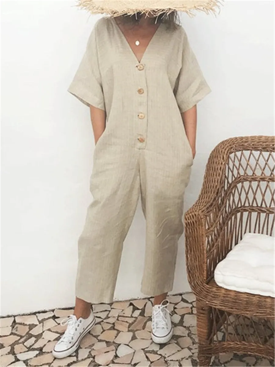 Casual Fashion Solid Color Decorative Buckle V Neck Jumpsuits