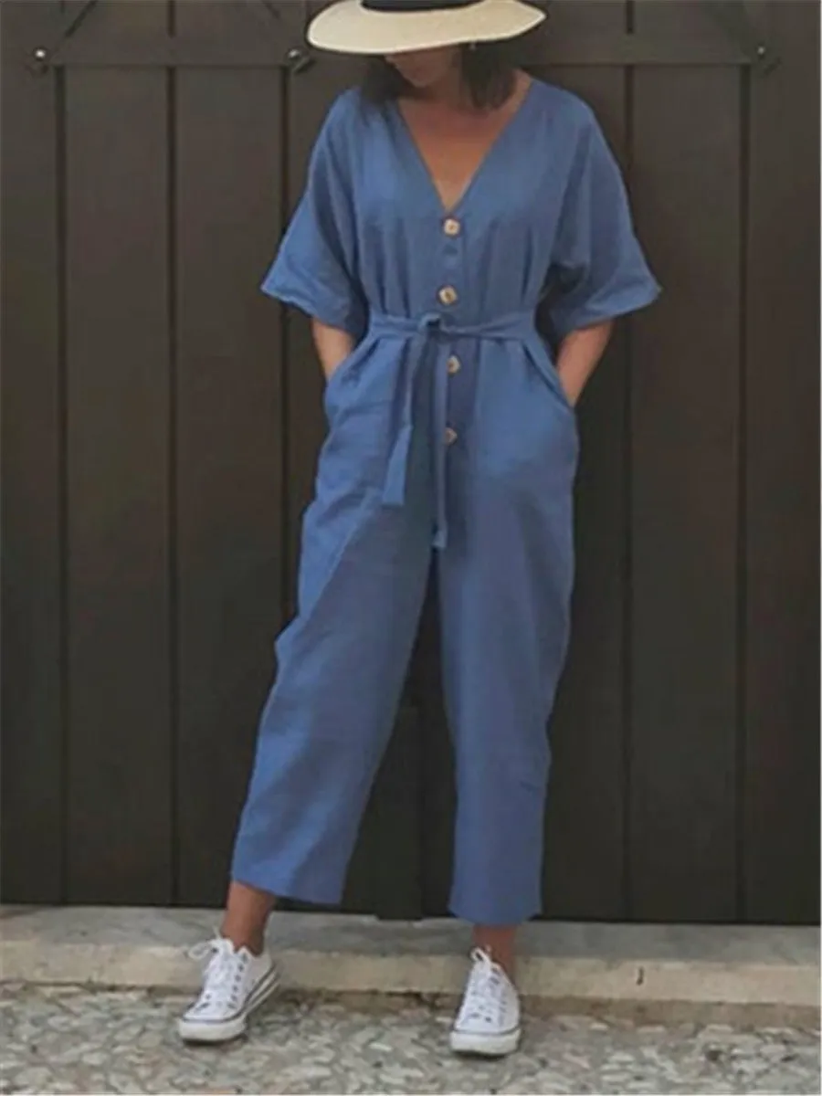 Casual Fashion Solid Color Decorative Buckle V Neck Jumpsuits