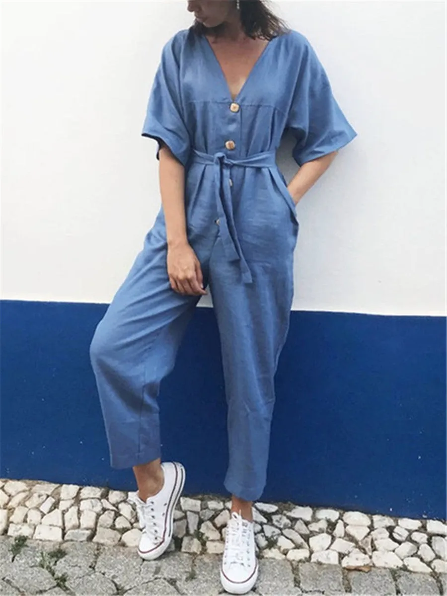 Casual Fashion Solid Color Decorative Buckle V Neck Jumpsuits