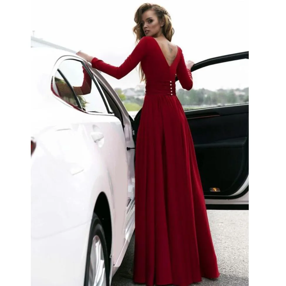 Chic Green Prom Dress V Neck Long Sleeve Prom Dress #ER192