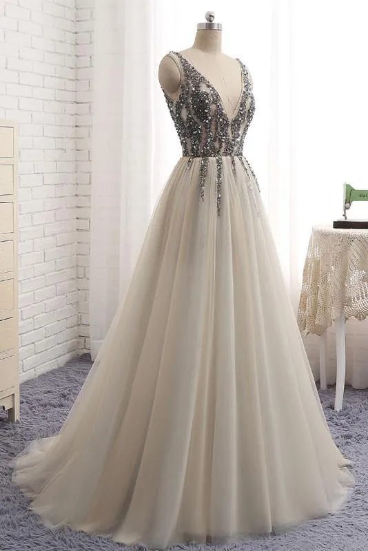 Chic Silver Prom Dress Vintage V Neck Tulle Beading Prom Dress #ER517