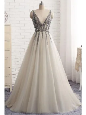 Chic Silver Prom Dress Vintage V Neck Tulle Beading Prom Dress #ER517