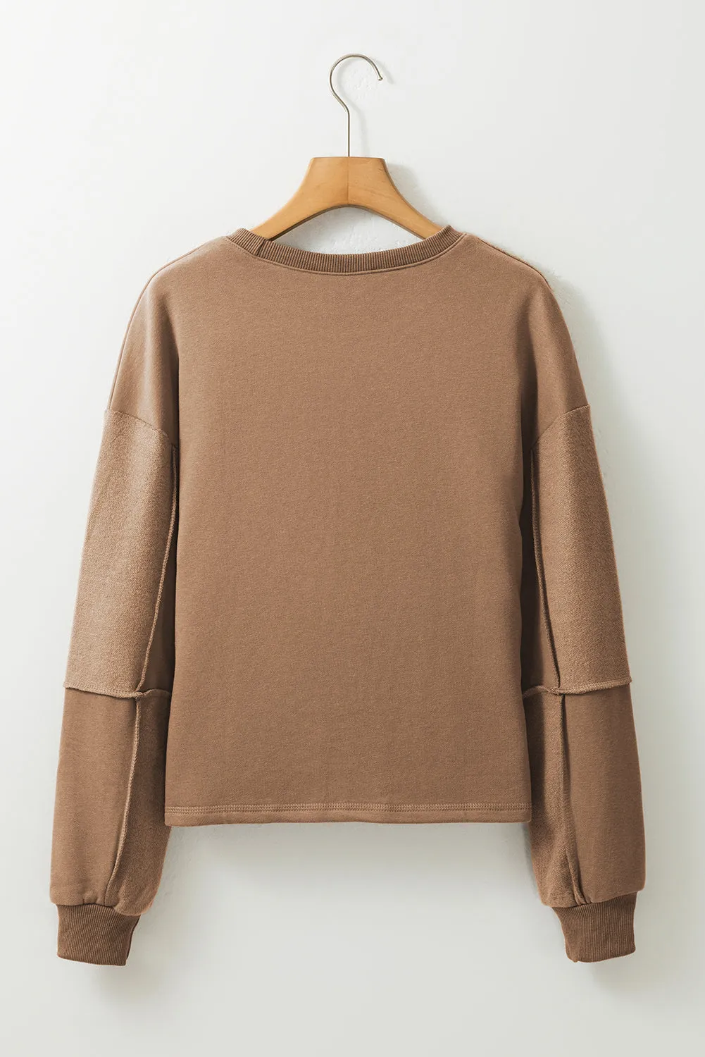 Coffee Solid Exposed Seam Pullover Sweatshirt