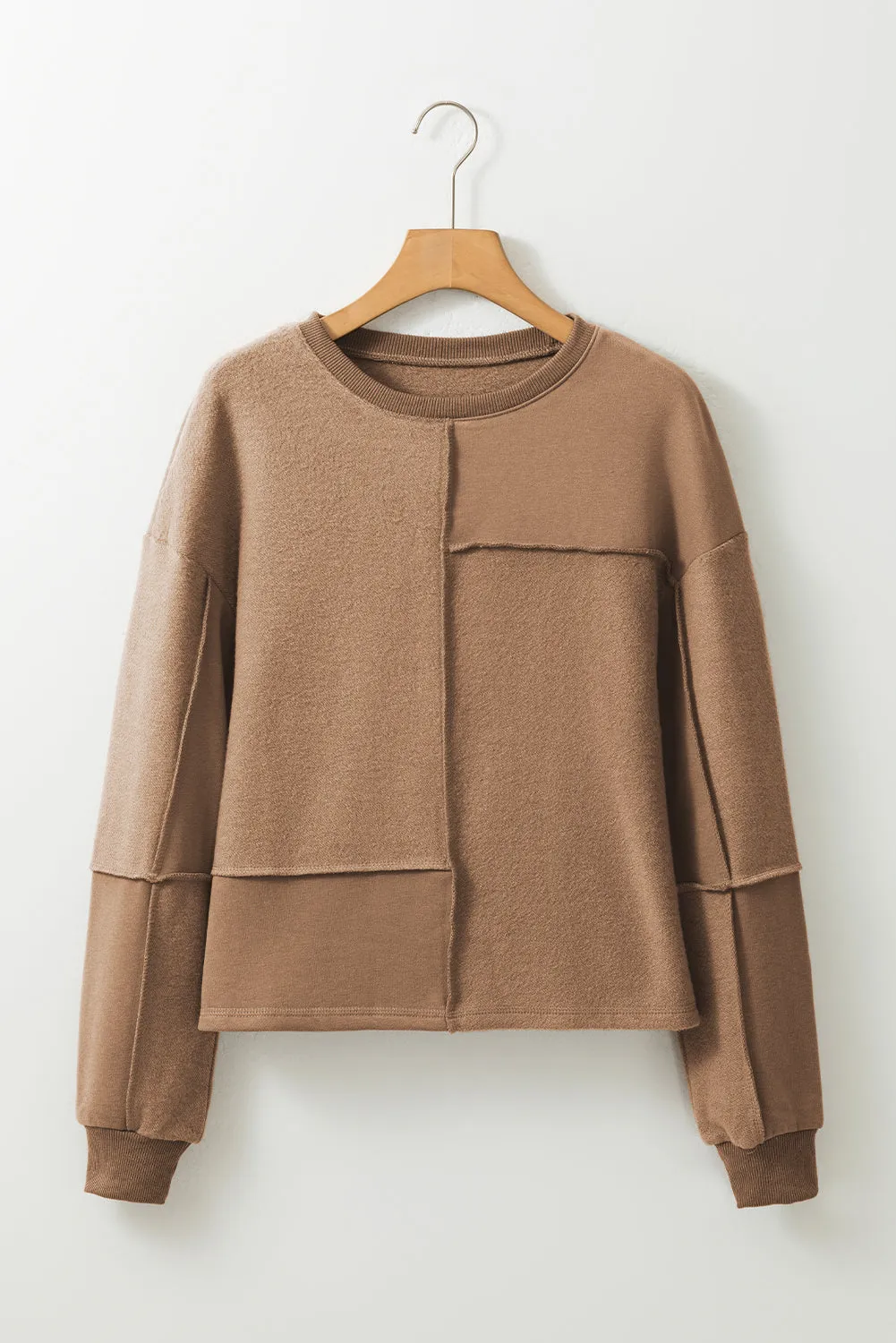 Coffee Solid Exposed Seam Pullover Sweatshirt