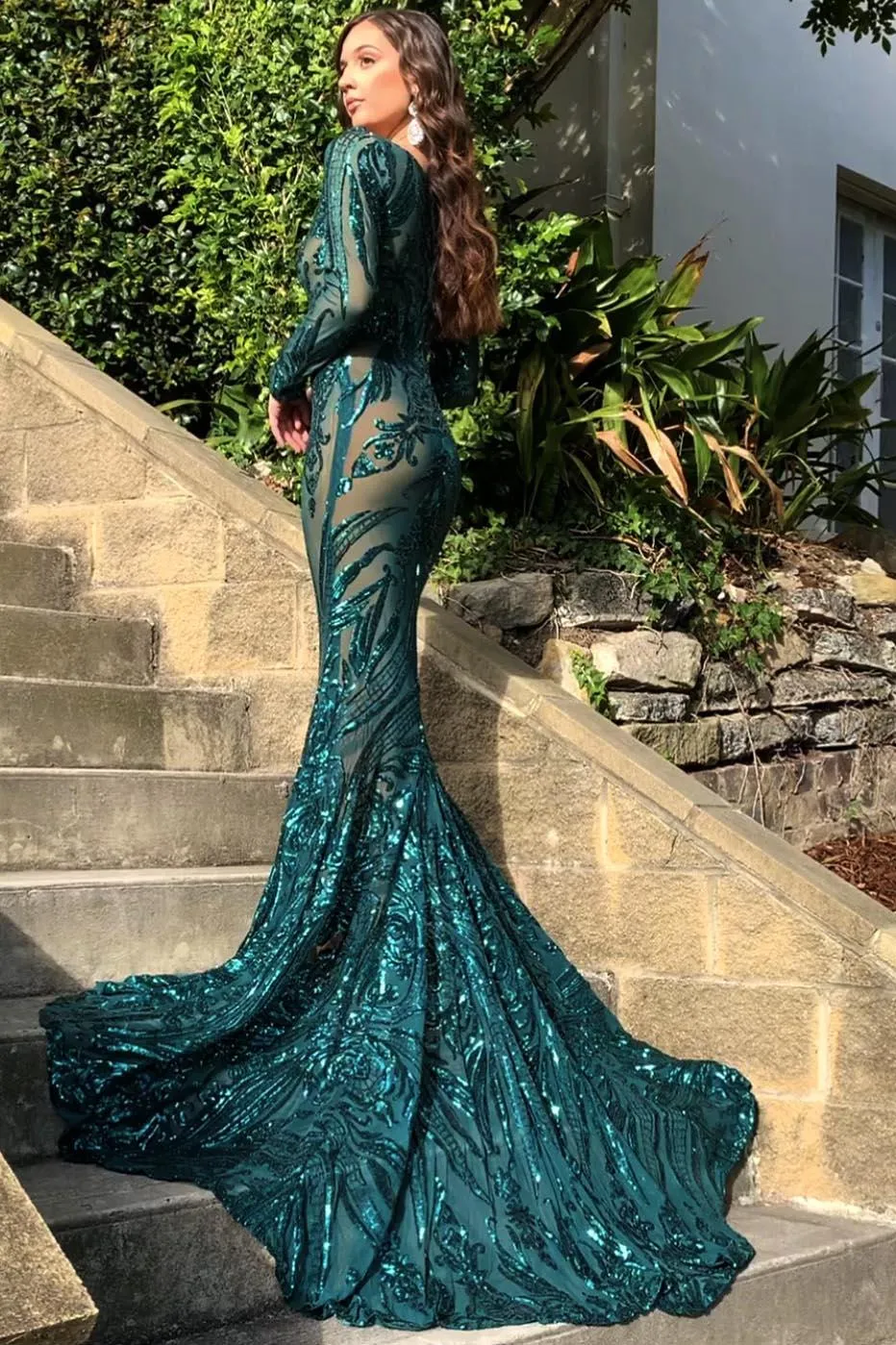 Elena Long-Sleeve Pattern Sequin Gown - Emerald/Nude