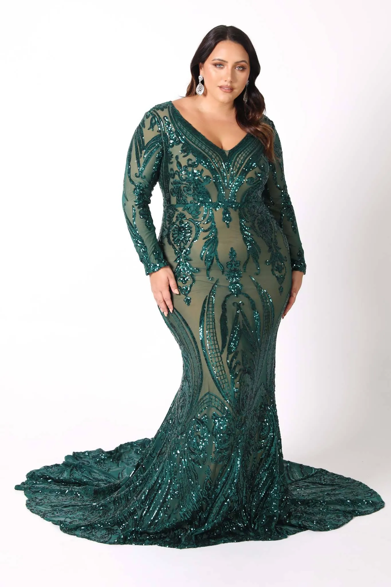 Elena Long-Sleeve Pattern Sequin Gown - Emerald/Nude