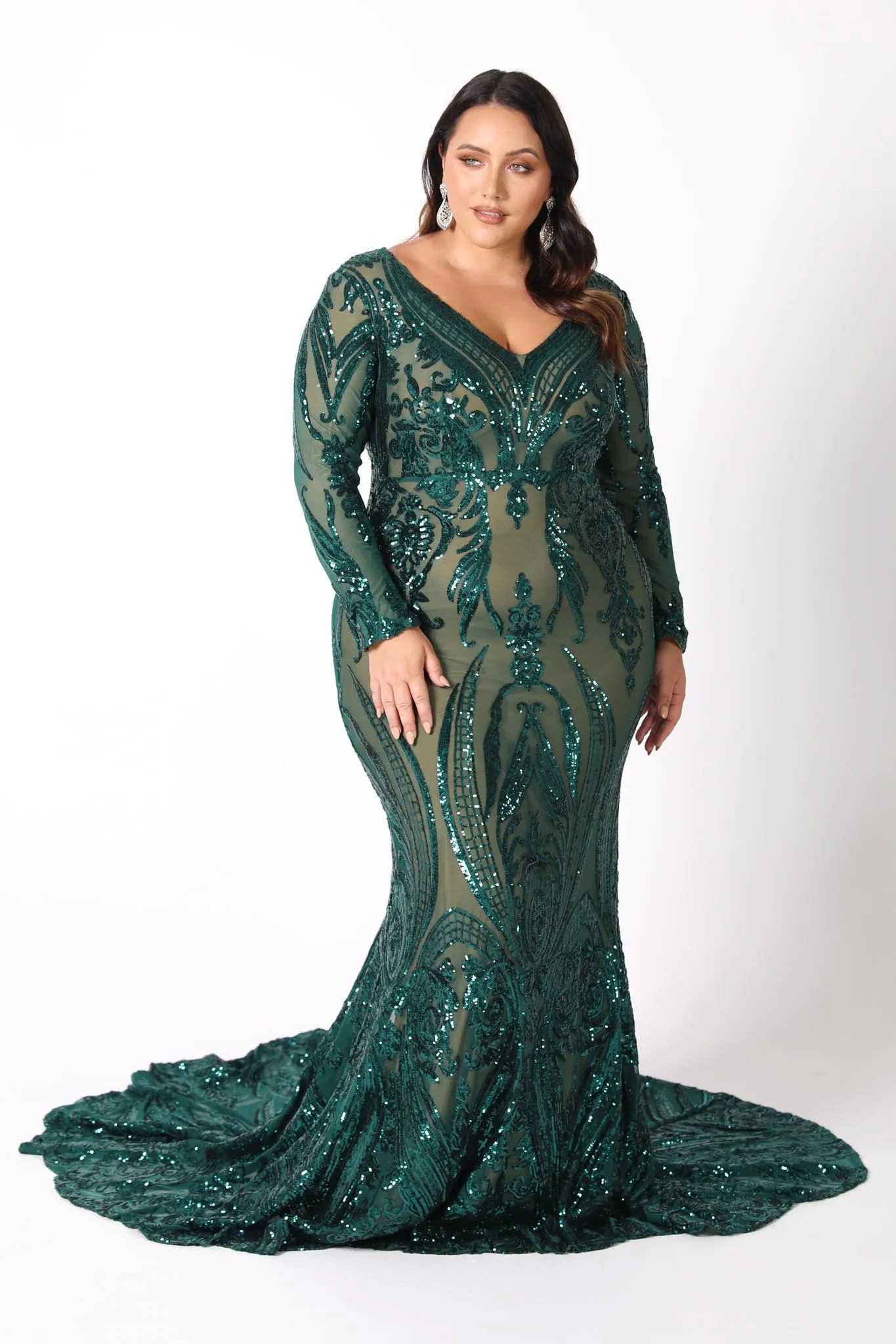 Elena Long-Sleeve Pattern Sequin Gown - Emerald/Nude