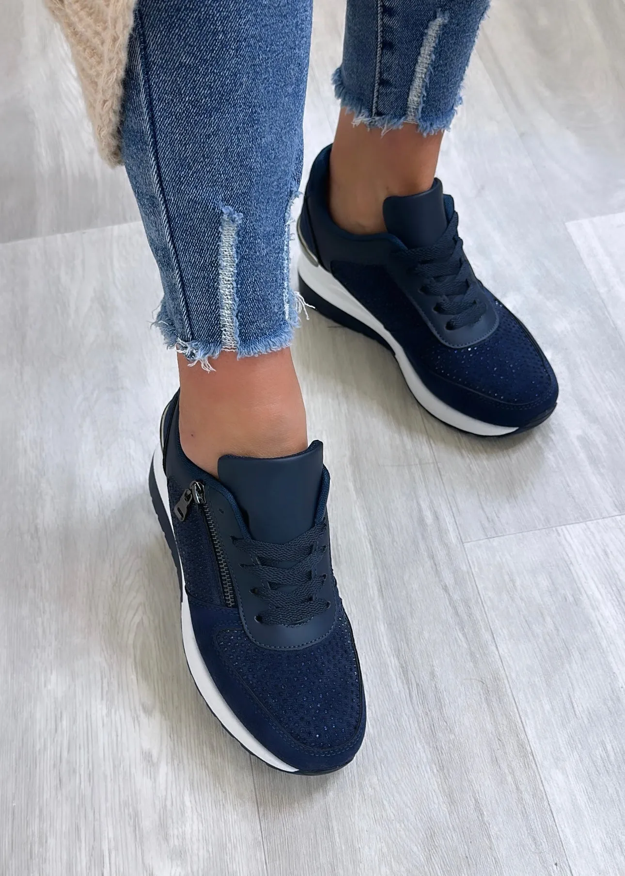 Enid Navy Zip Detail Wedge Trainers