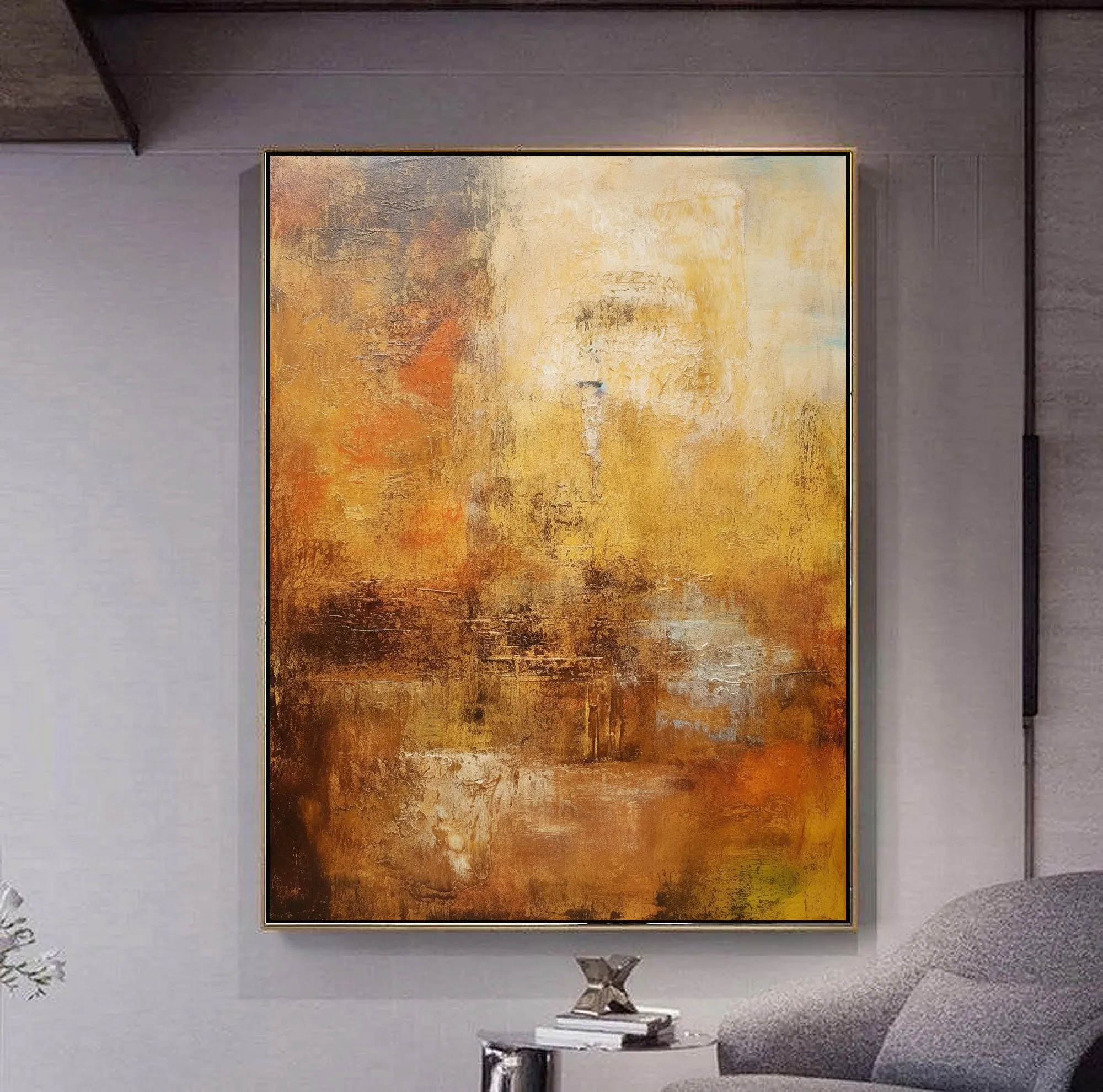 Gold Abstract Painting Textured Canvas Wall Art Painting Minimalist Art For Living Room Bedroom Office