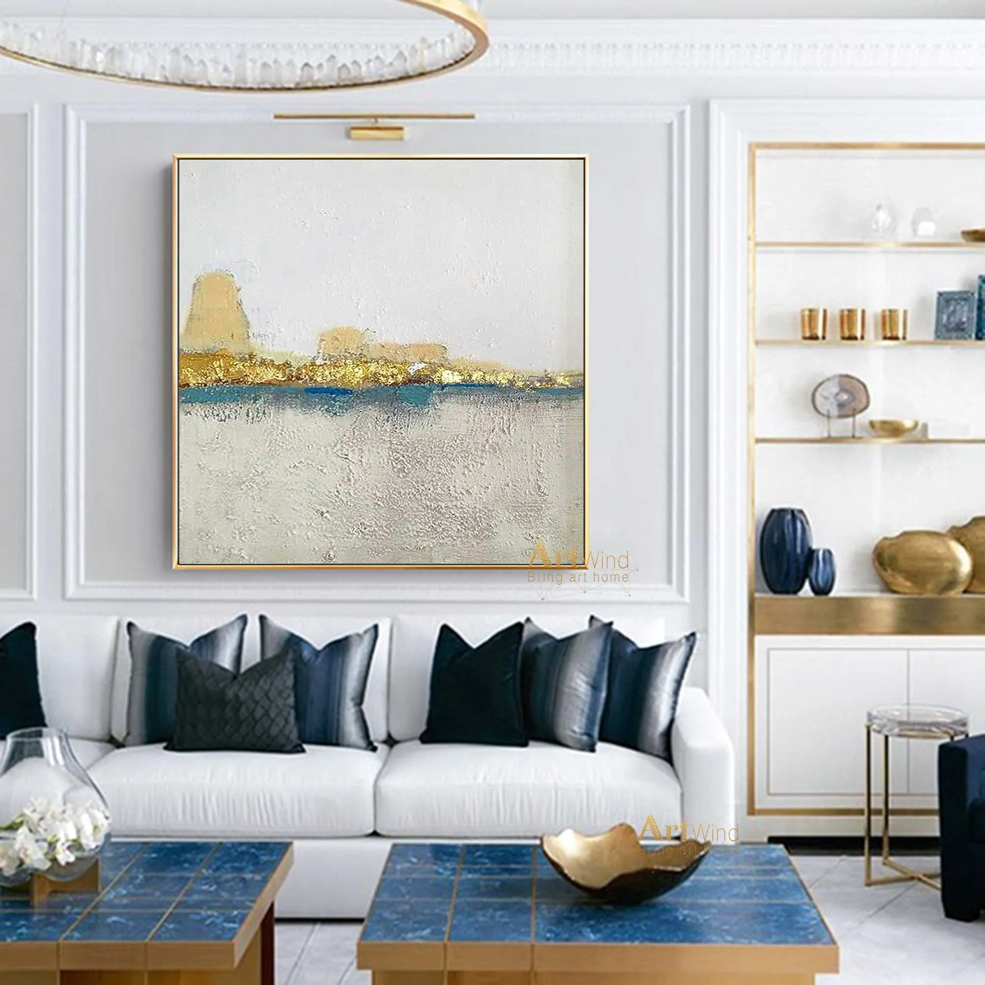 Gold and Grey Wall Art Blue Art White Canvas Painting Original Artwork Dp038