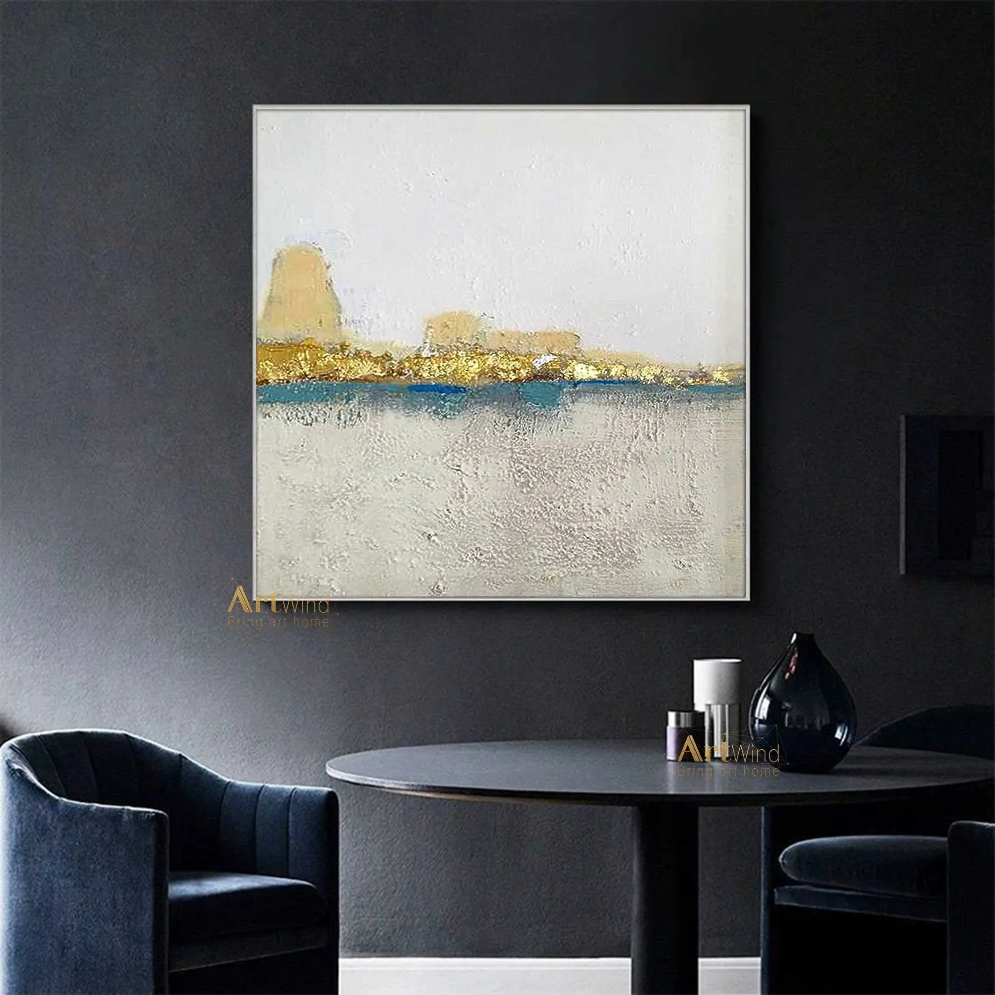 Gold and Grey Wall Art Blue Art White Canvas Painting Original Artwork Dp038