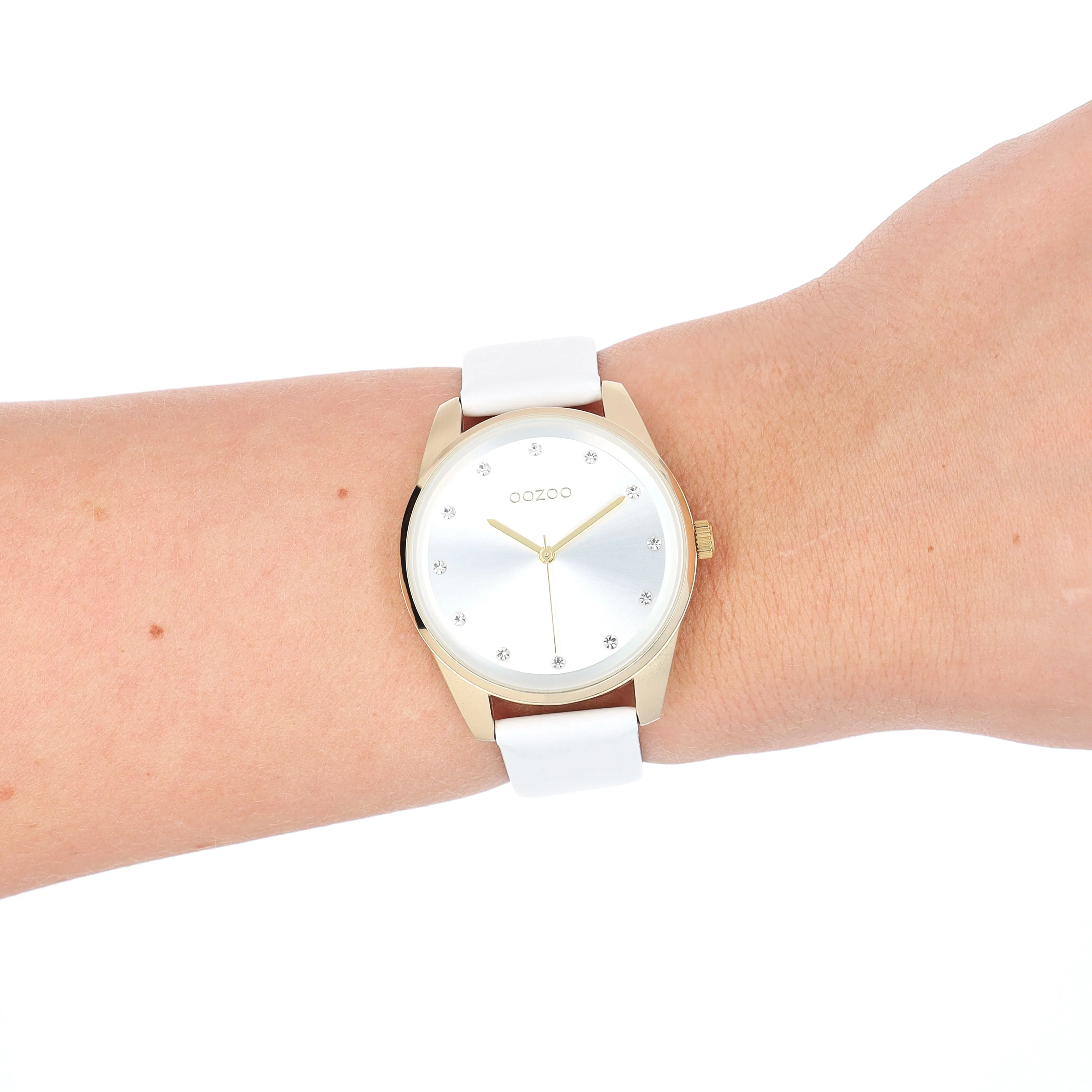 Gold coloured OOZOO watch with white leather strap - C11159