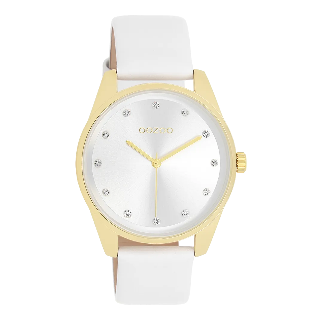 Gold coloured OOZOO watch with white leather strap - C11159