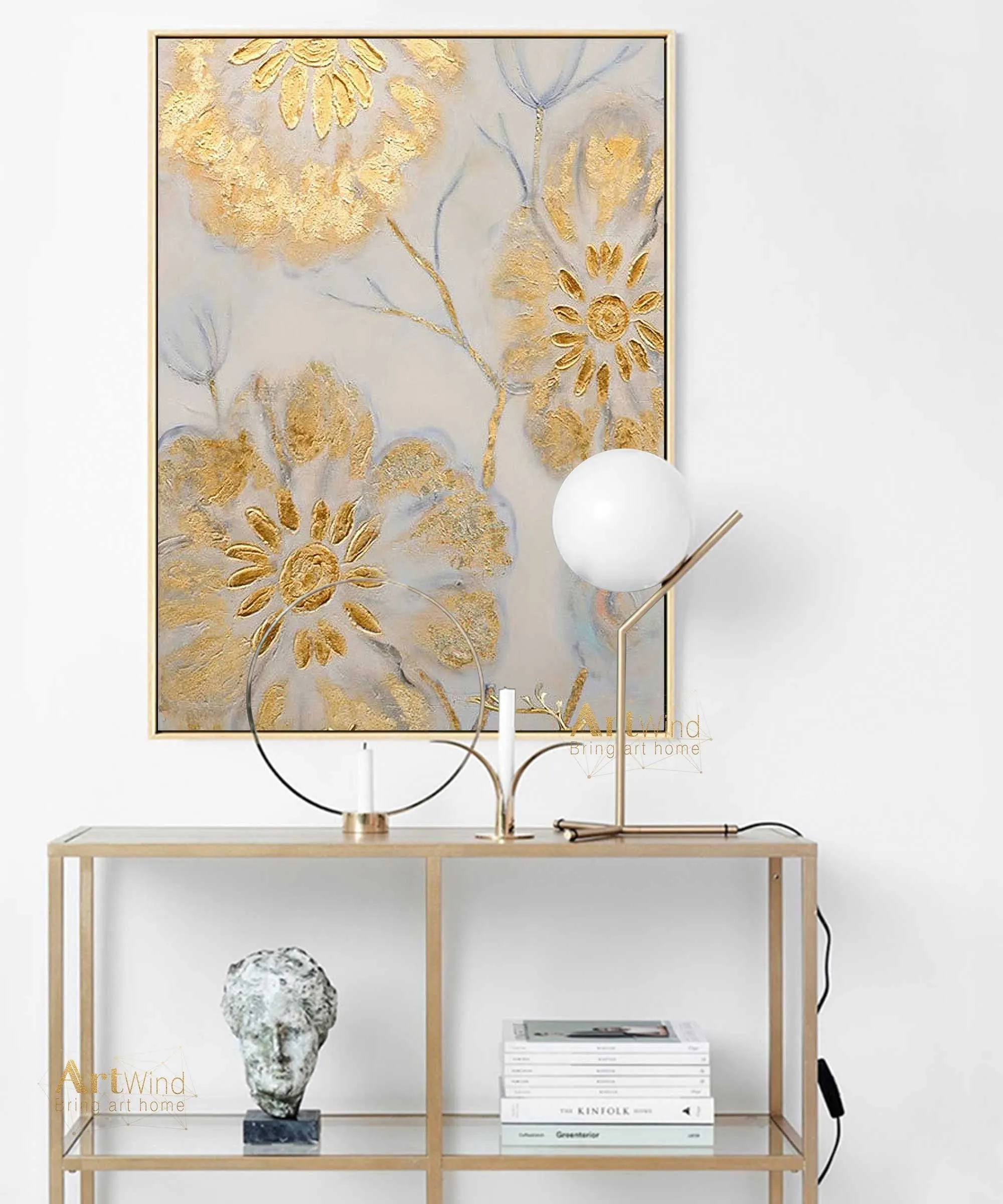 Gold Flowers Art Beige Painting Gold Leaf Painting Modern Wall Art Dp045