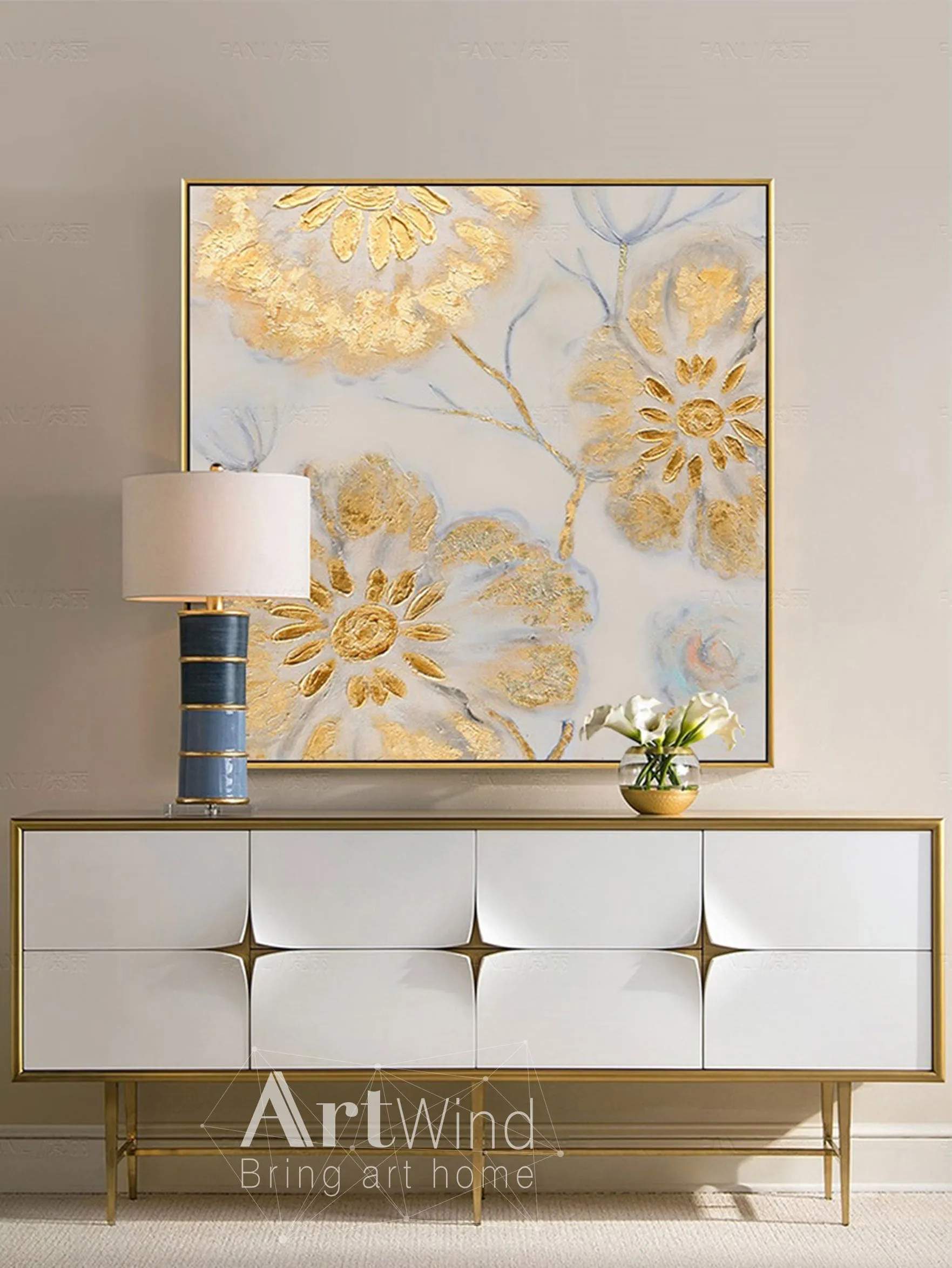 Gold Flowers Art Beige Painting Gold Leaf Painting Modern Wall Art Dp045