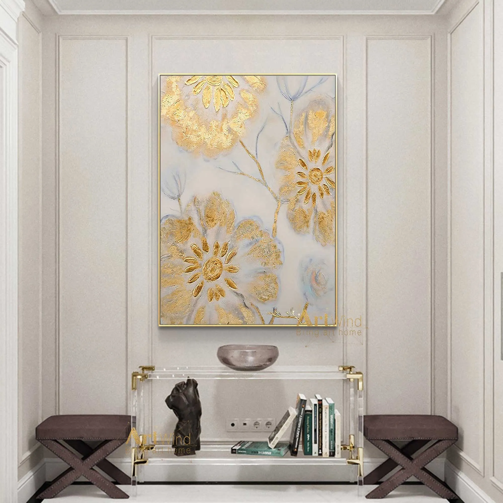 Gold Flowers Art Beige Painting Gold Leaf Painting Modern Wall Art Dp045