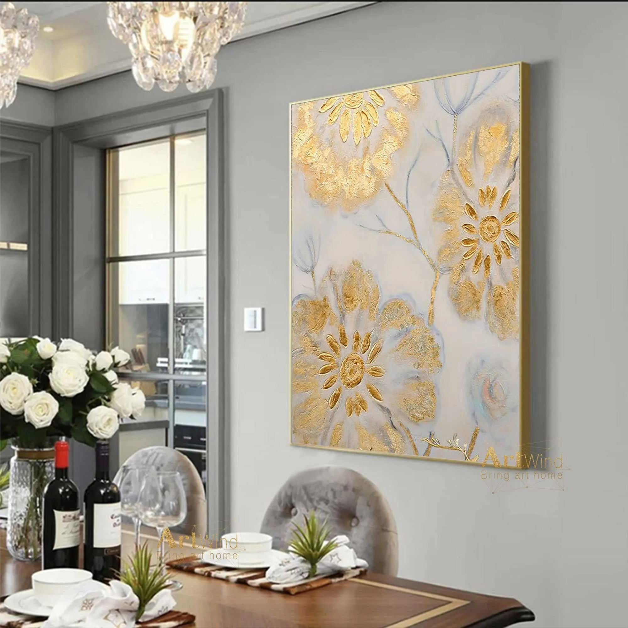 Gold Flowers Art Beige Painting Gold Leaf Painting Modern Wall Art Dp045