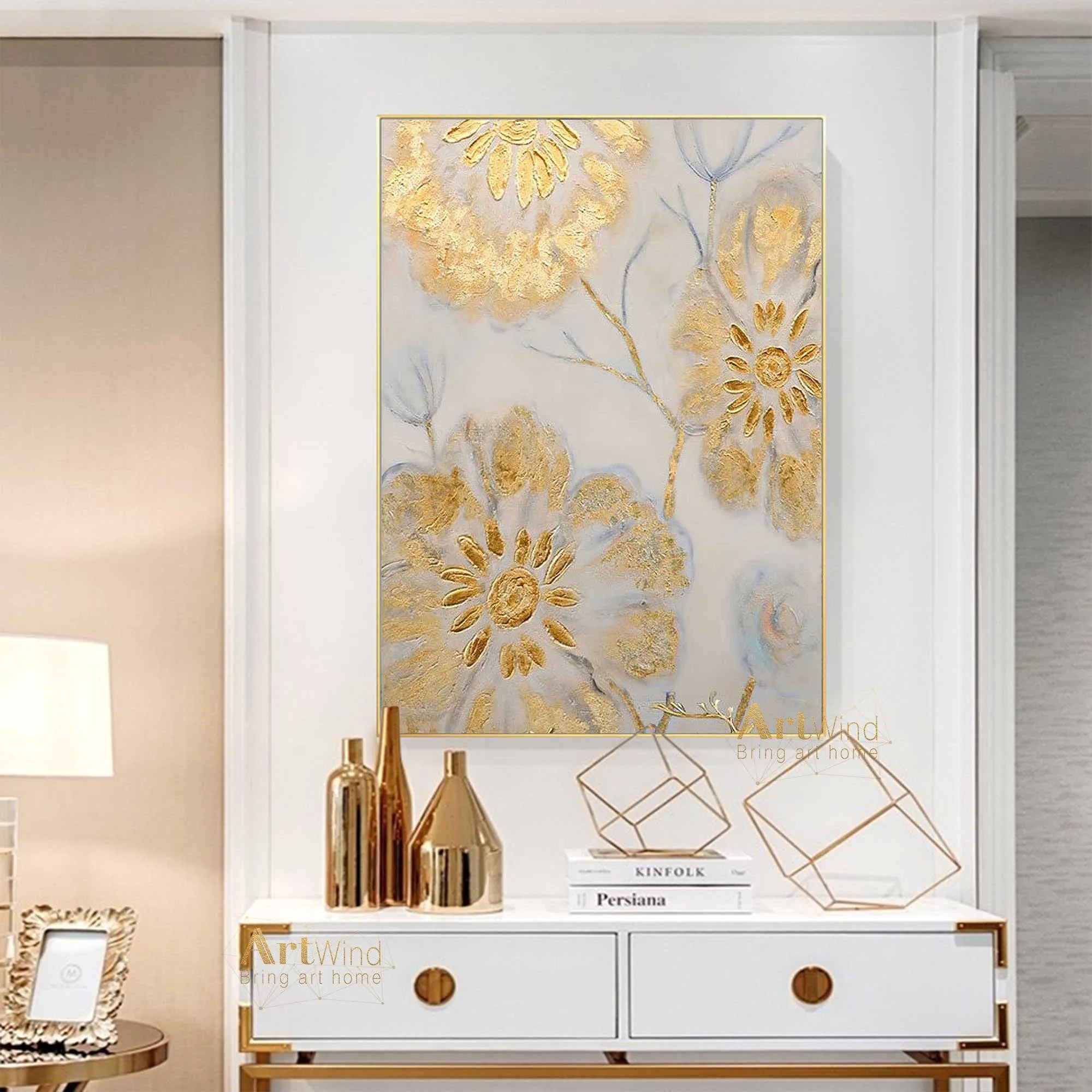 Gold Flowers Art Beige Painting Gold Leaf Painting Modern Wall Art Dp045