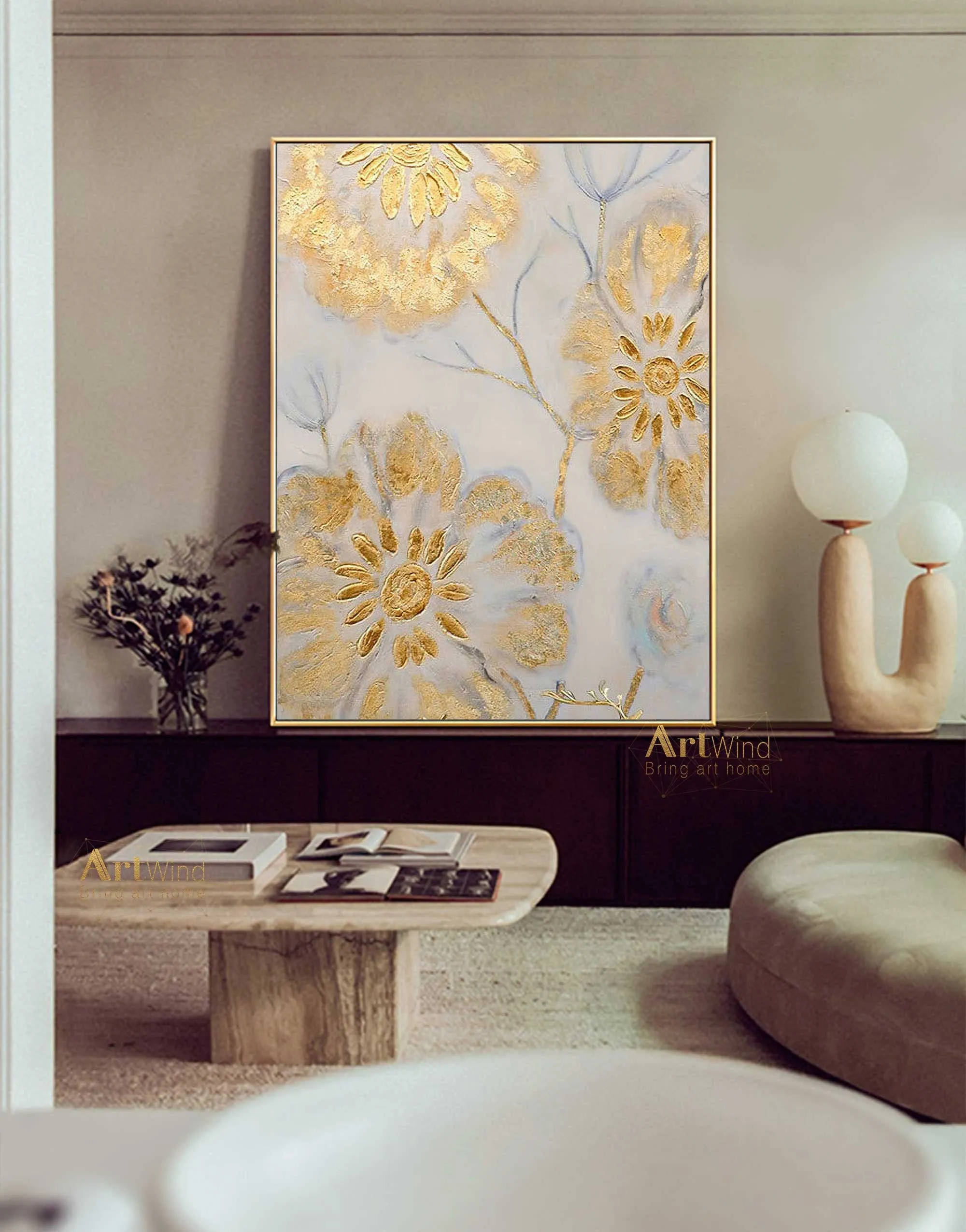 Gold Flowers Art Beige Painting Gold Leaf Painting Modern Wall Art Dp045