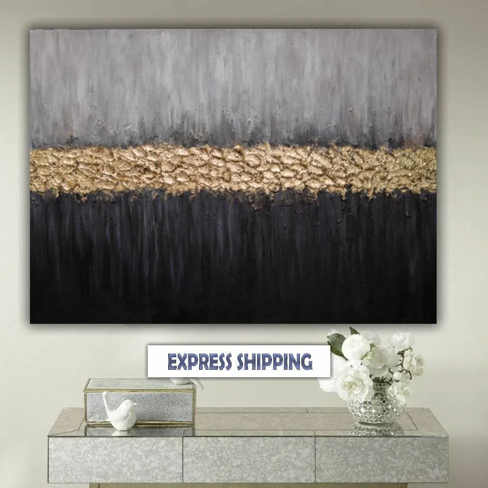 Gold Leaf Painting Gray Black Textured Painting on Canvas Kp069