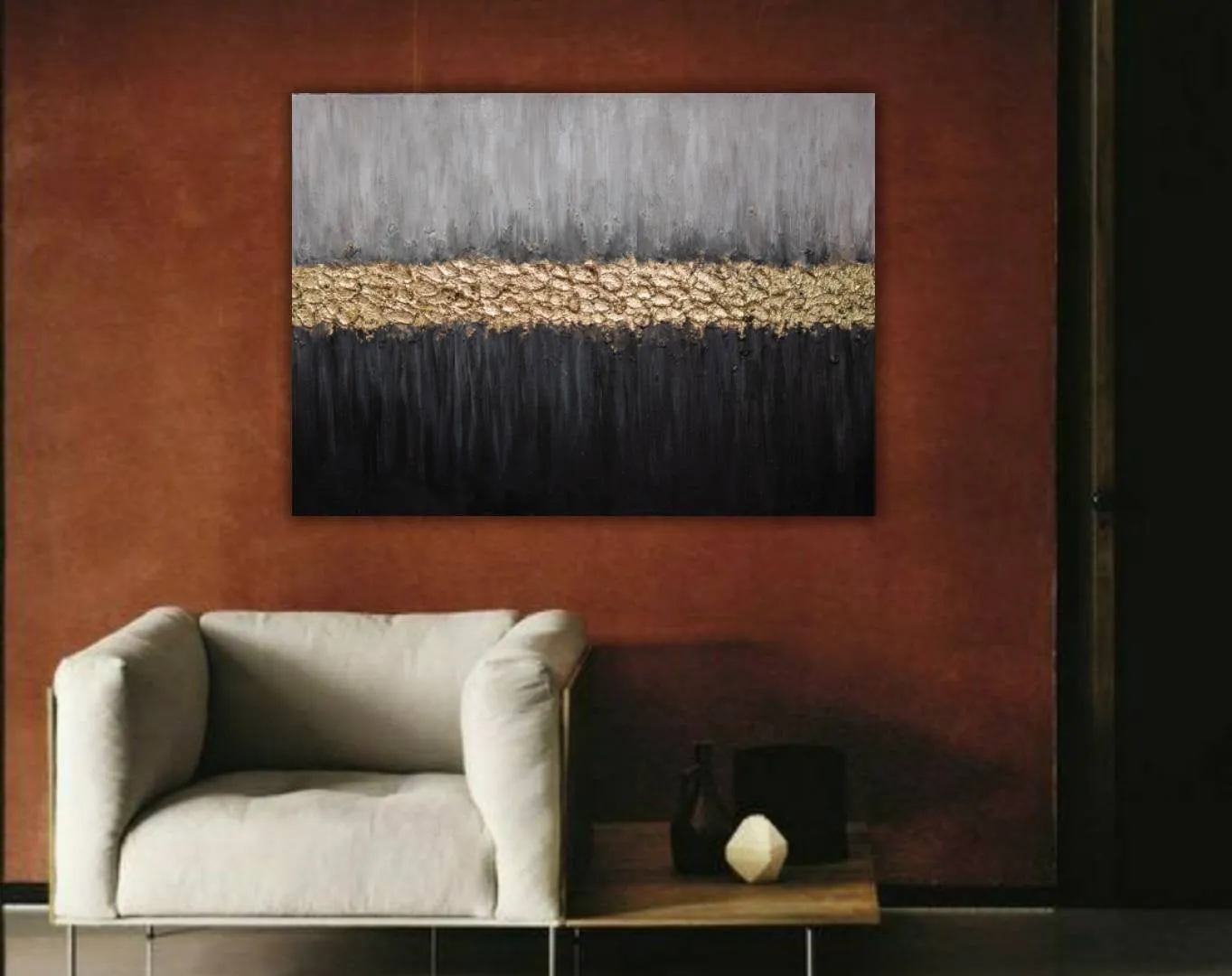 Gold Leaf Painting Gray Black Textured Painting on Canvas Kp069