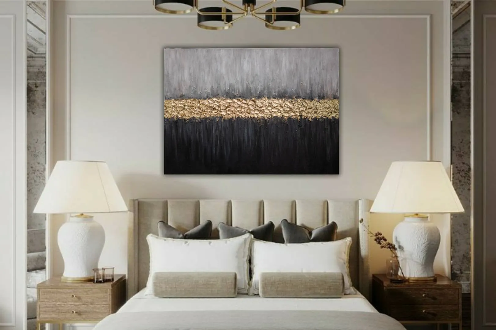 Gold Leaf Painting Gray Black Textured Painting on Canvas Kp069