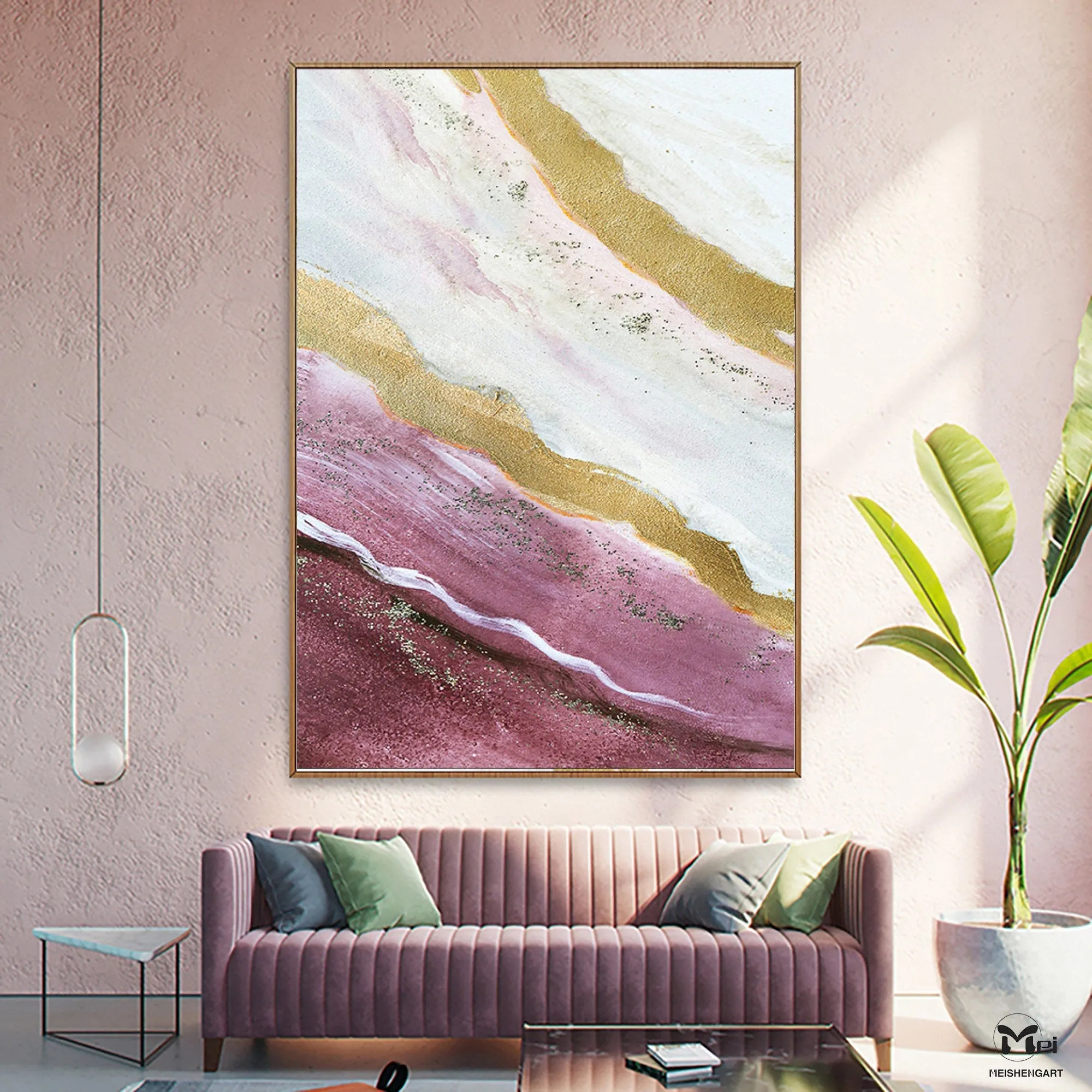 Gold Leaf Painting Pink and Purple Acrylic Painting For Living Room Ap102