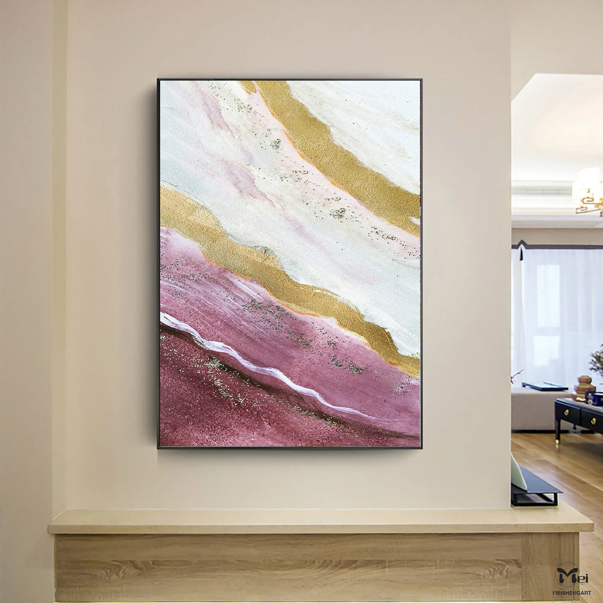 Gold Leaf Painting Pink and Purple Acrylic Painting For Living Room Ap102