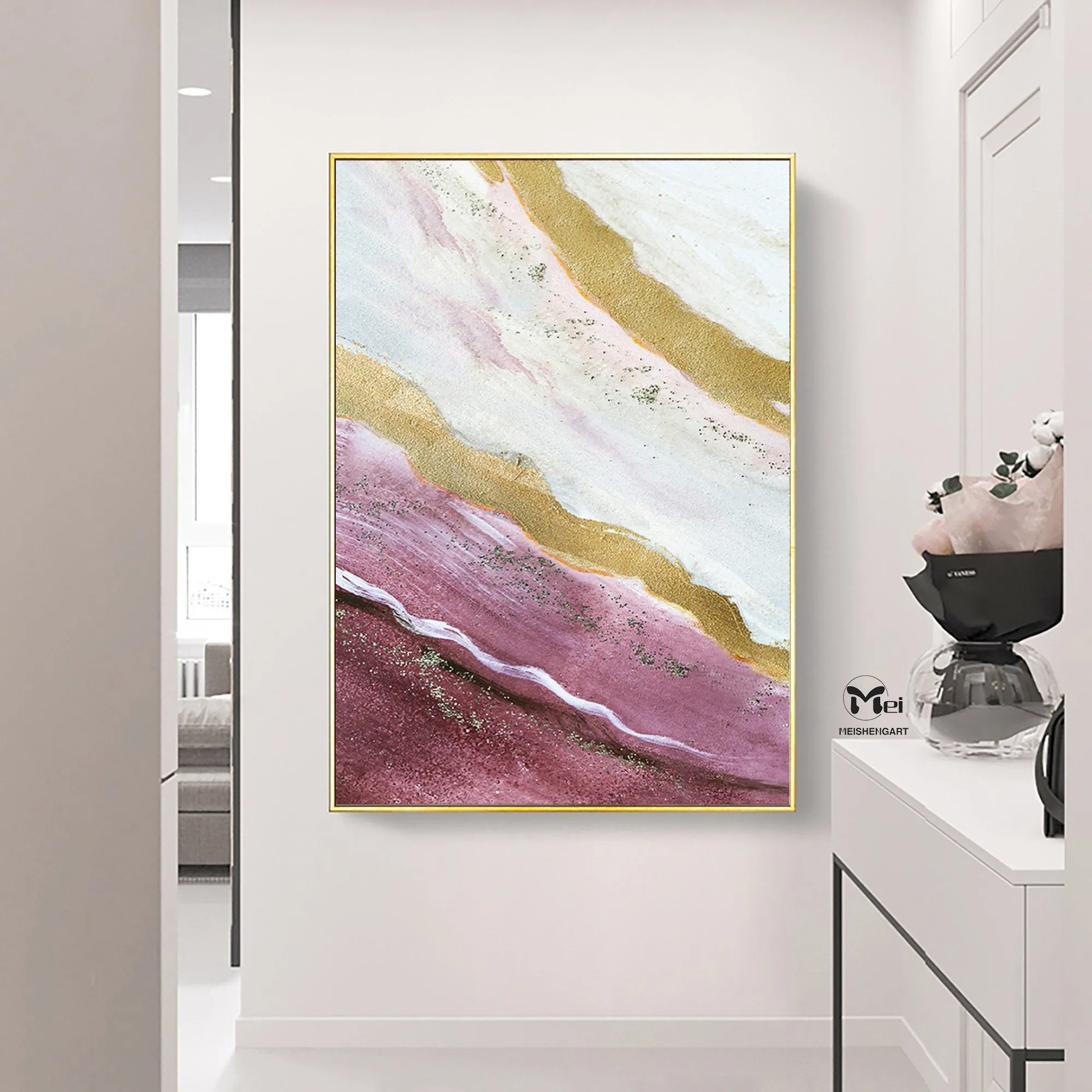 Gold Leaf Painting Pink and Purple Acrylic Painting For Living Room Ap102