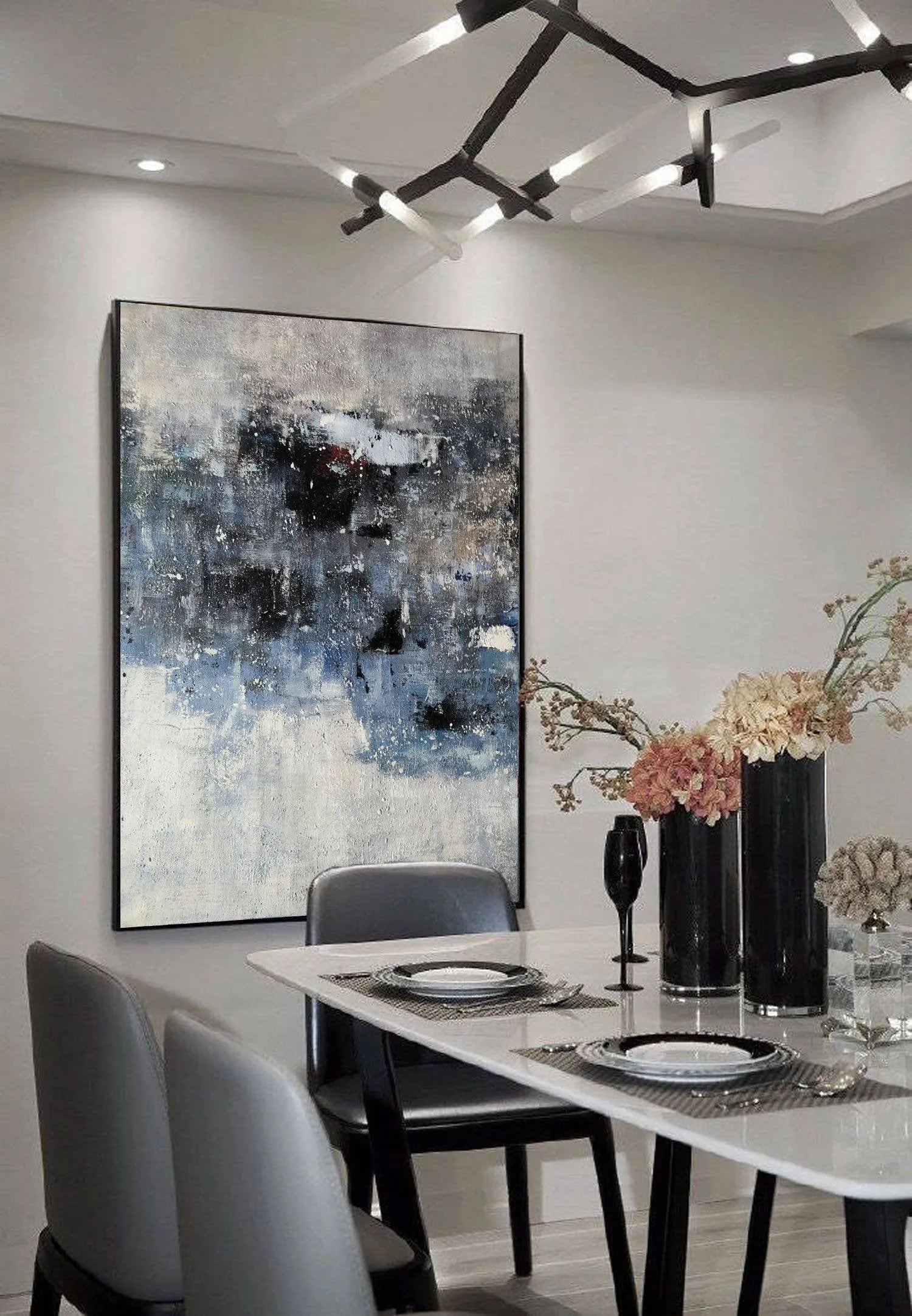 Gray Blue White Abstract Painting Contemporary Wall Art Op100