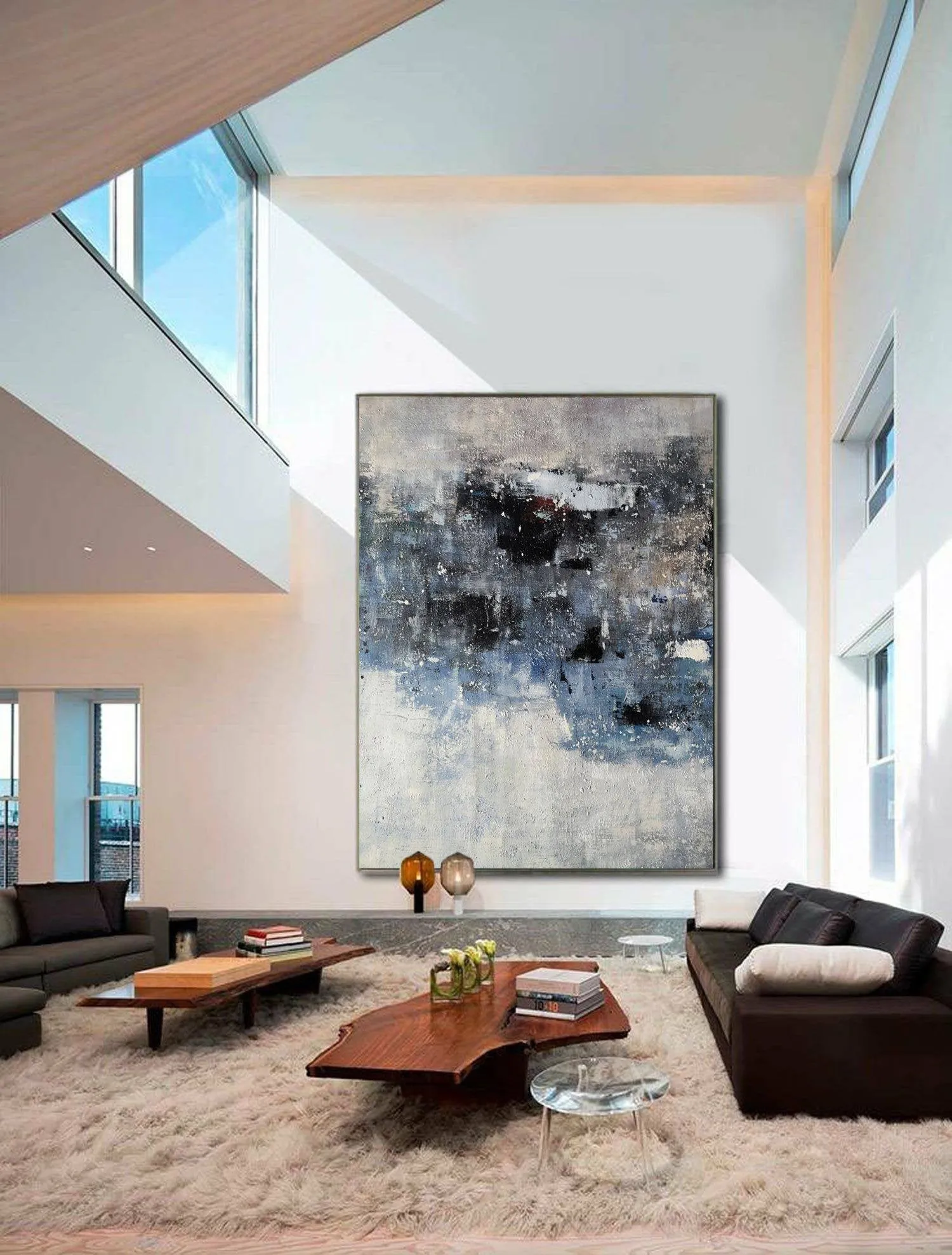 Gray Blue White Abstract Painting Contemporary Wall Art Op100