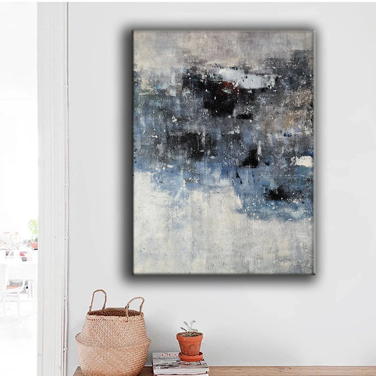 Gray Blue White Abstract Painting Contemporary Wall Art Op100