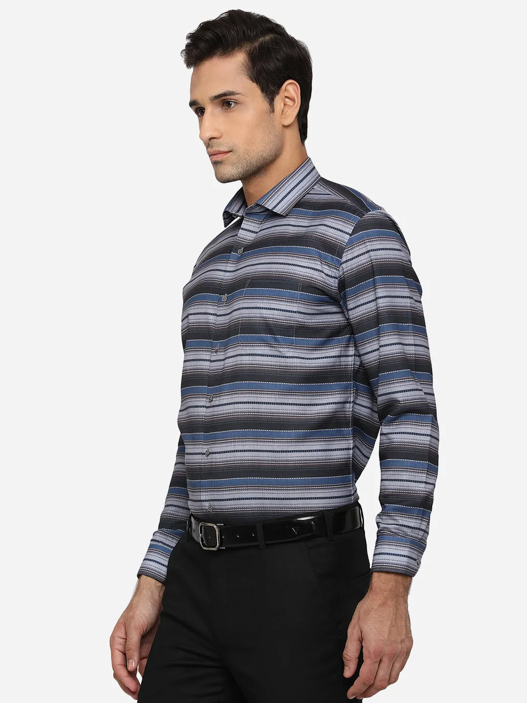 Grey & Blue Printed Slim Fit Party Wear Shirt | Greenfibre