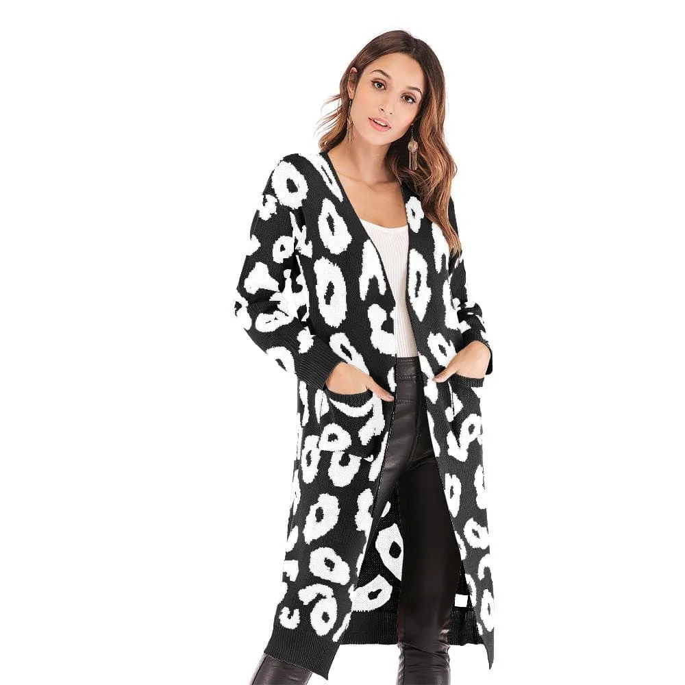 Haute Edition Open Front Long Length Sweater Knit Leopard Print Cardigan