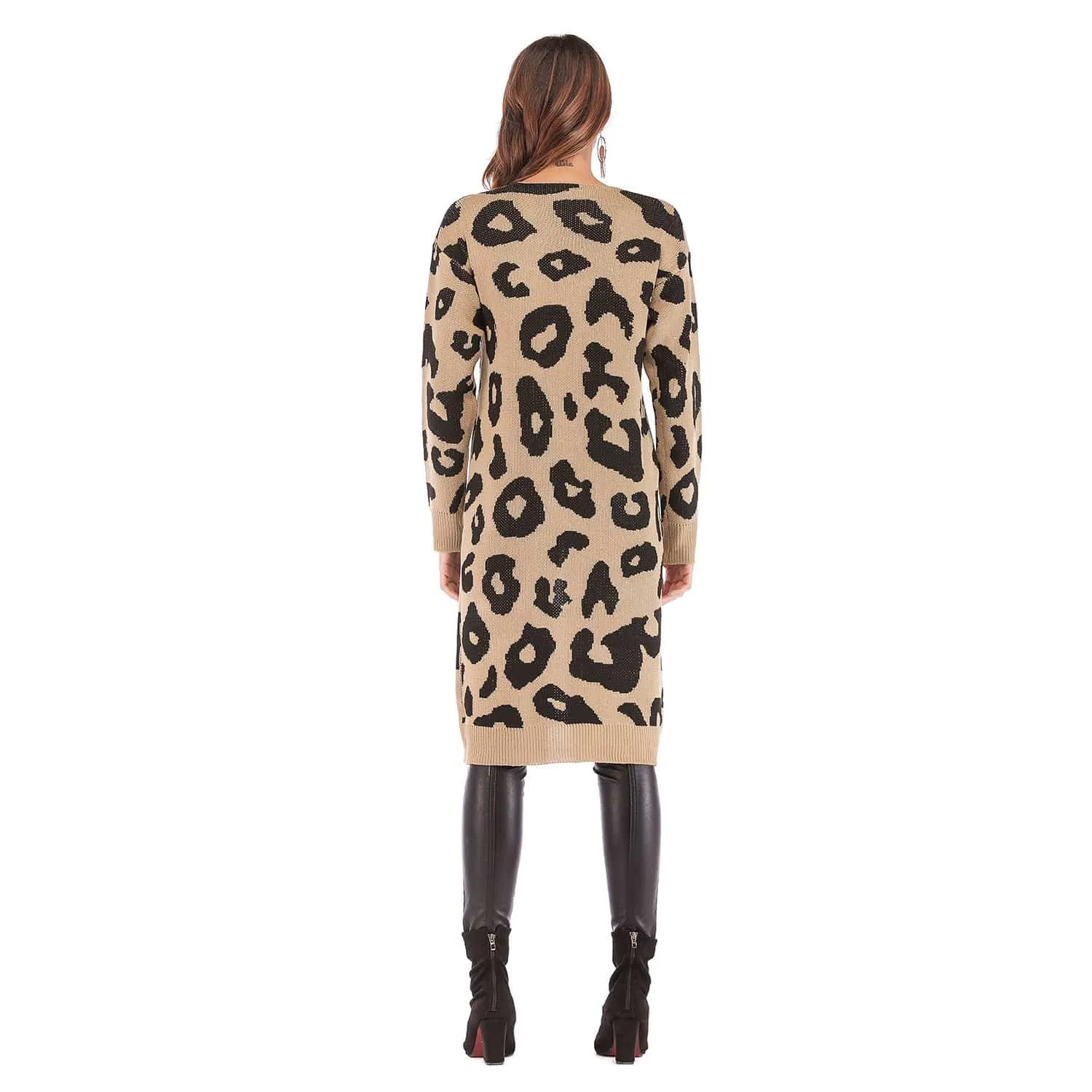 Haute Edition Open Front Long Length Sweater Knit Leopard Print Cardigan