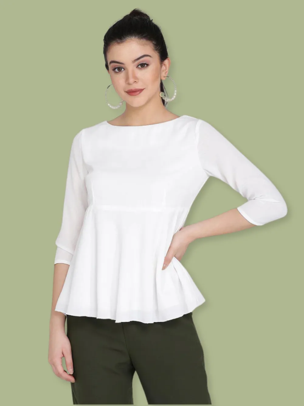 High Waist Flare Poly Moss Top - White