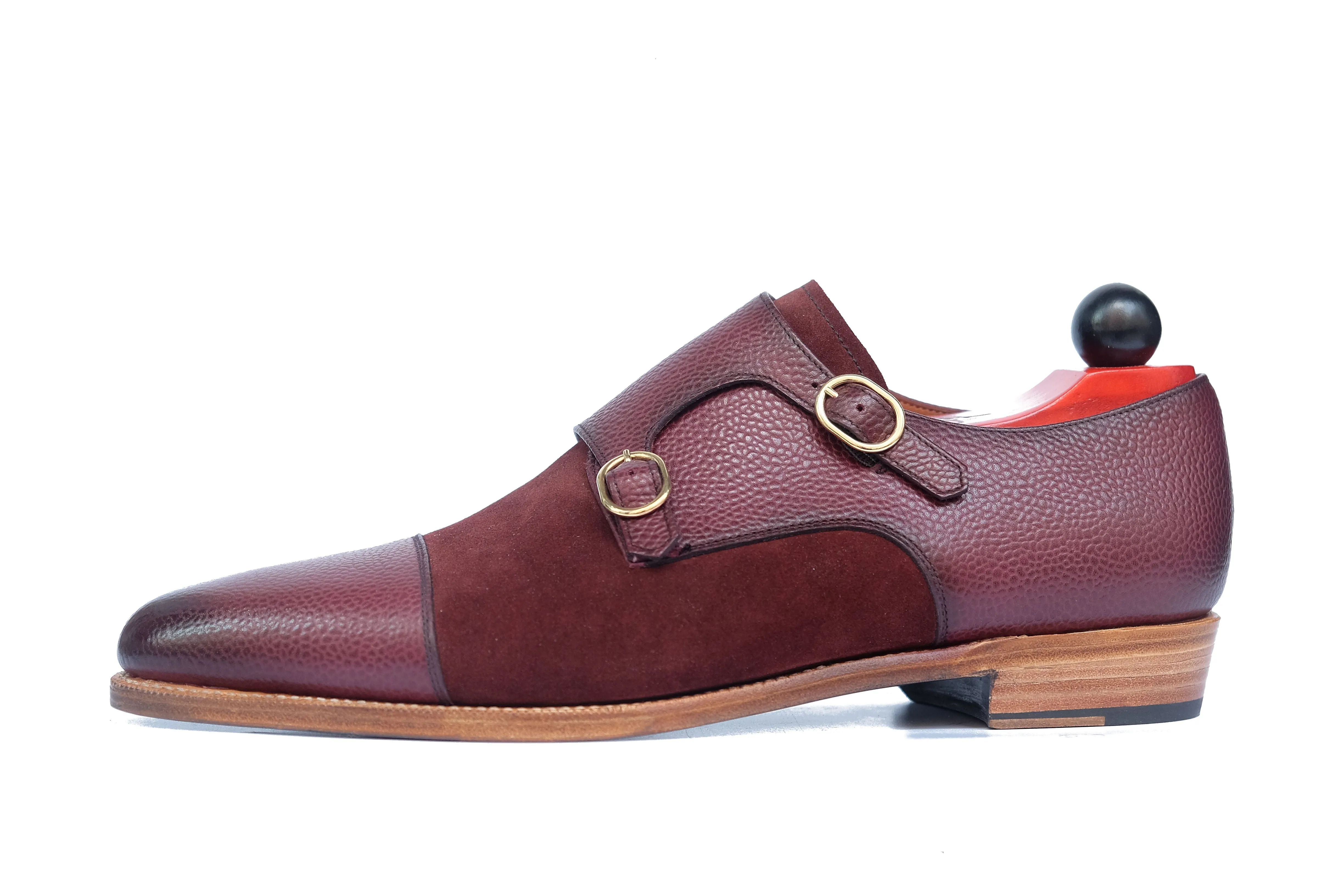 Kent - MTO - Burnished Burgundy Scotch Grain / Burgundy Suede - JKF Last - Gold Hardware - Single Leather Sole - Natural Edging / Black Bottom