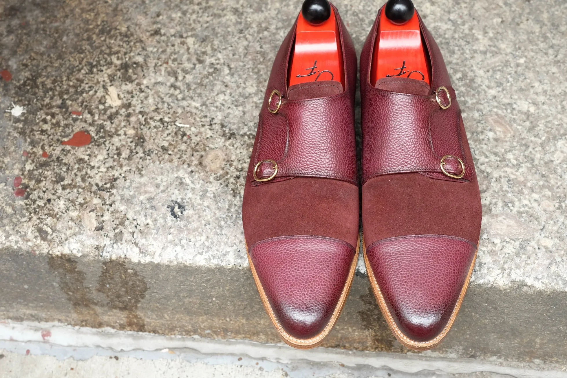 Kent - MTO - Burnished Burgundy Scotch Grain / Burgundy Suede - JKF Last - Gold Hardware - Single Leather Sole - Natural Edging / Black Bottom