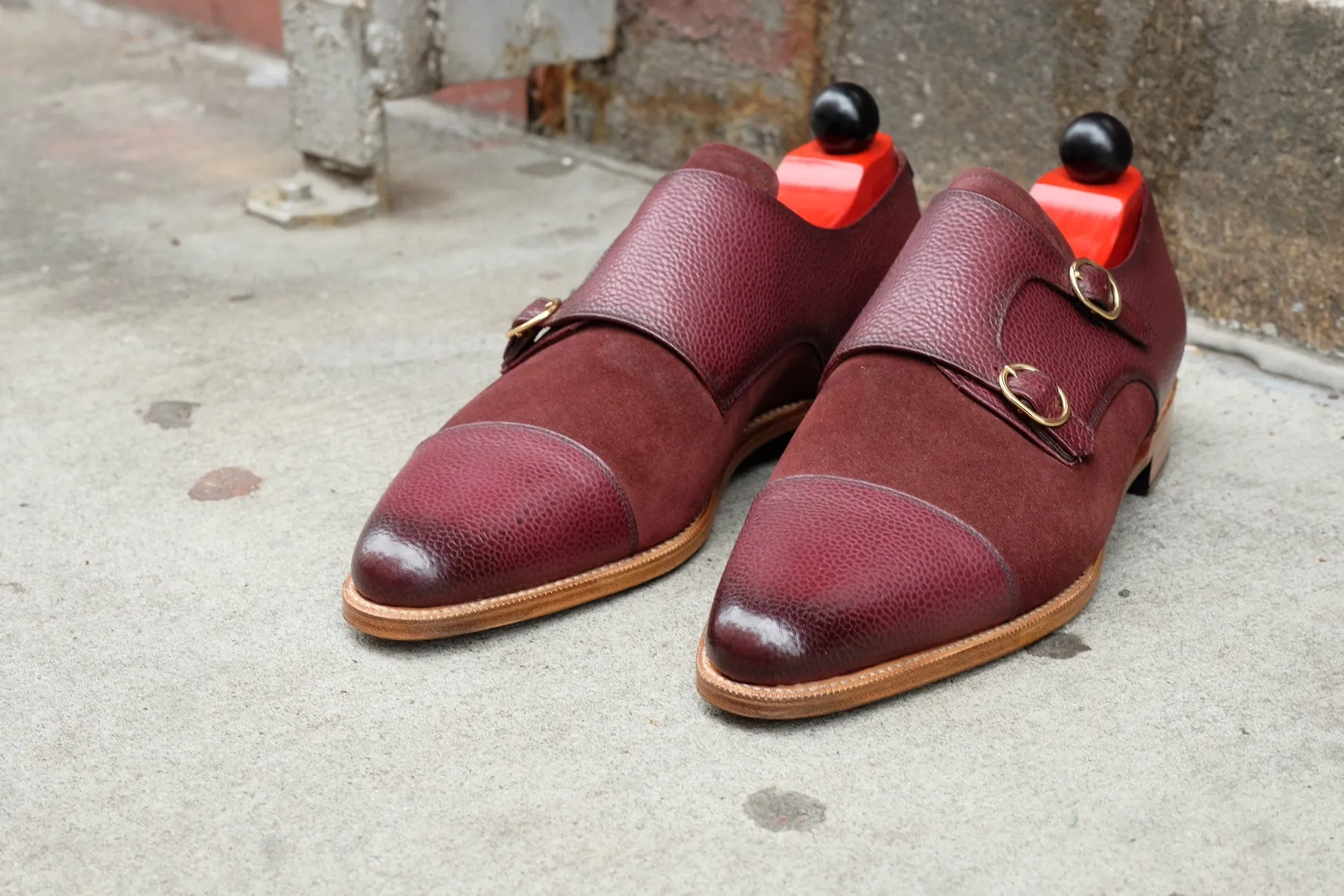 Kent - MTO - Burnished Burgundy Scotch Grain / Burgundy Suede - JKF Last - Gold Hardware - Single Leather Sole - Natural Edging / Black Bottom