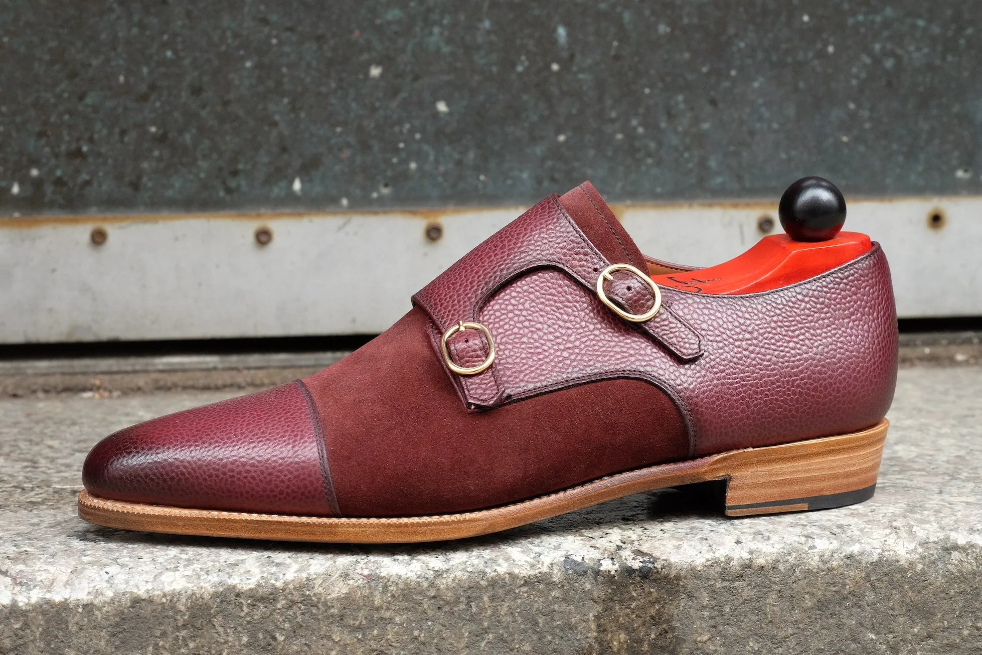 Kent - MTO - Burnished Burgundy Scotch Grain / Burgundy Suede - JKF Last - Gold Hardware - Single Leather Sole - Natural Edging / Black Bottom