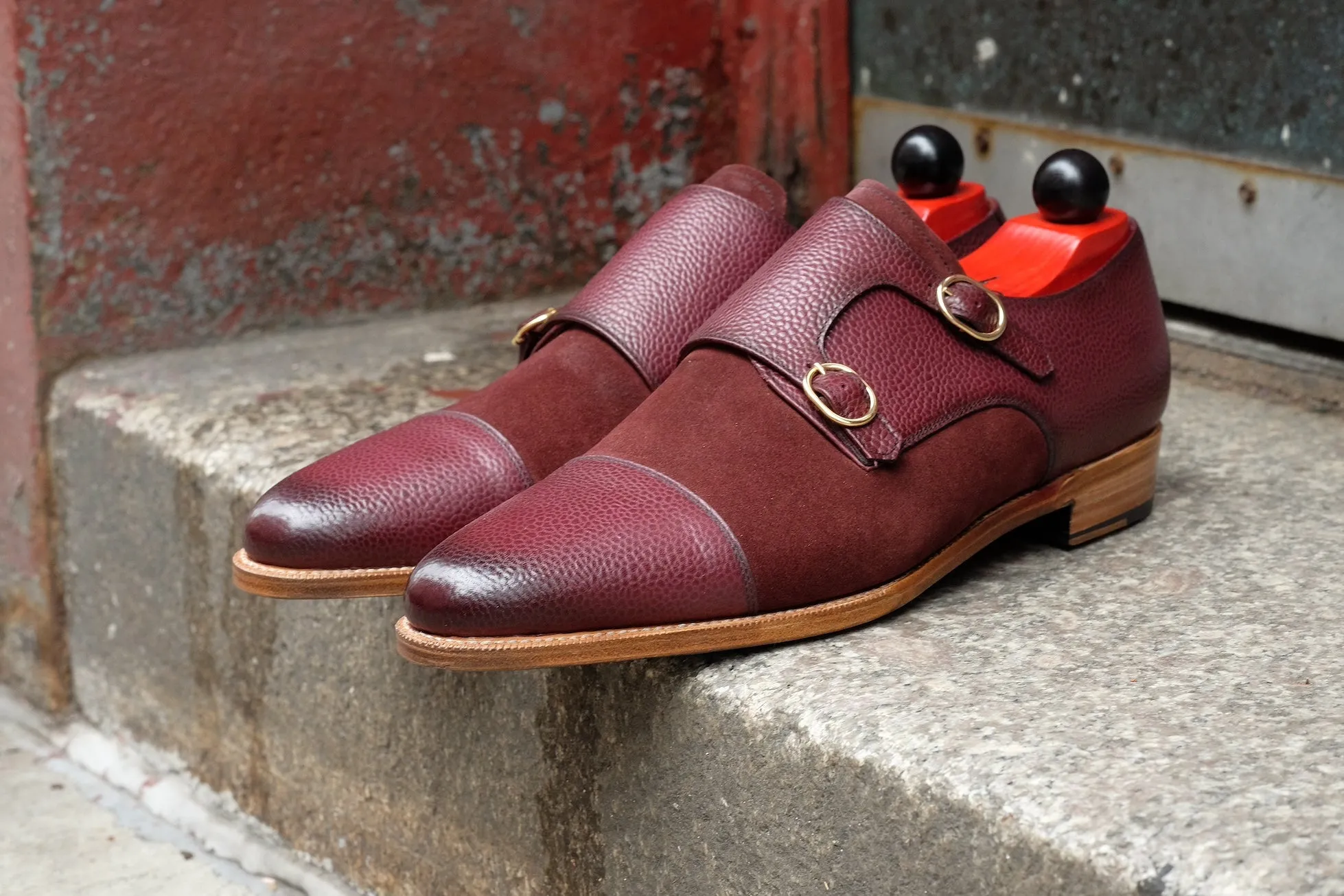 Kent - MTO - Burnished Burgundy Scotch Grain / Burgundy Suede - JKF Last - Gold Hardware - Single Leather Sole - Natural Edging / Black Bottom