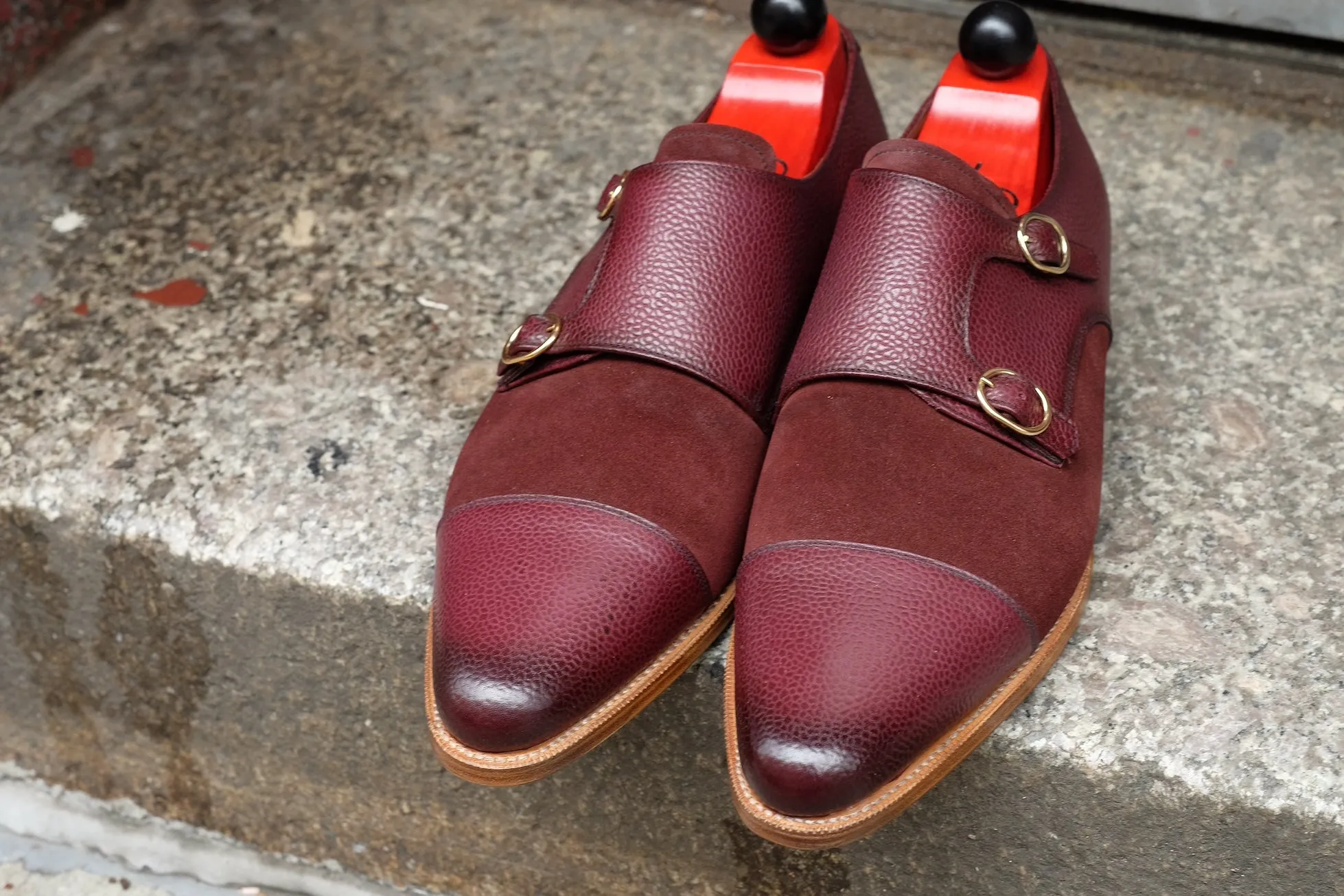 Kent - MTO - Burnished Burgundy Scotch Grain / Burgundy Suede - JKF Last - Gold Hardware - Single Leather Sole - Natural Edging / Black Bottom