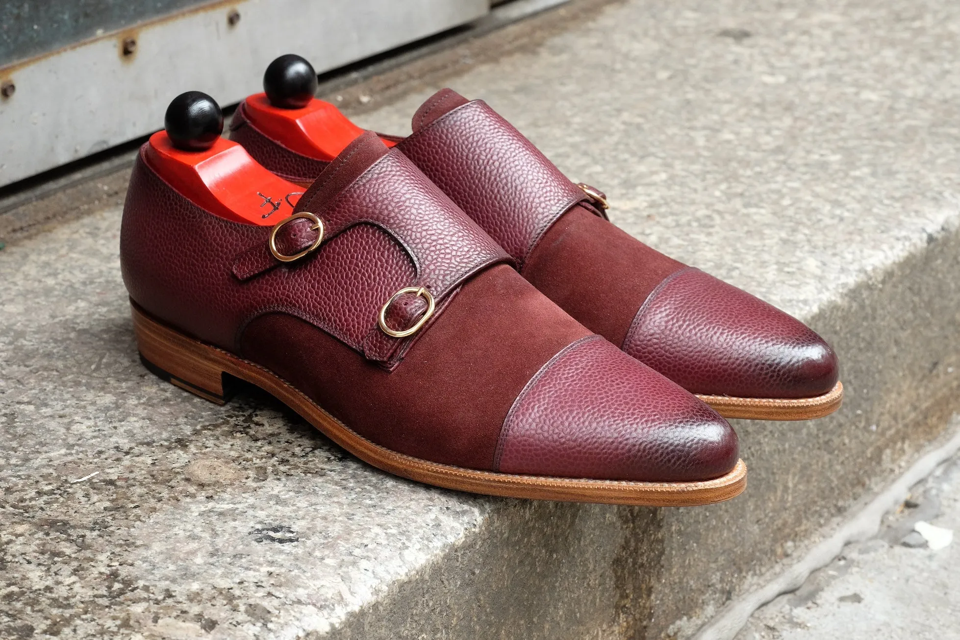 Kent - MTO - Burnished Burgundy Scotch Grain / Burgundy Suede - JKF Last - Gold Hardware - Single Leather Sole - Natural Edging / Black Bottom