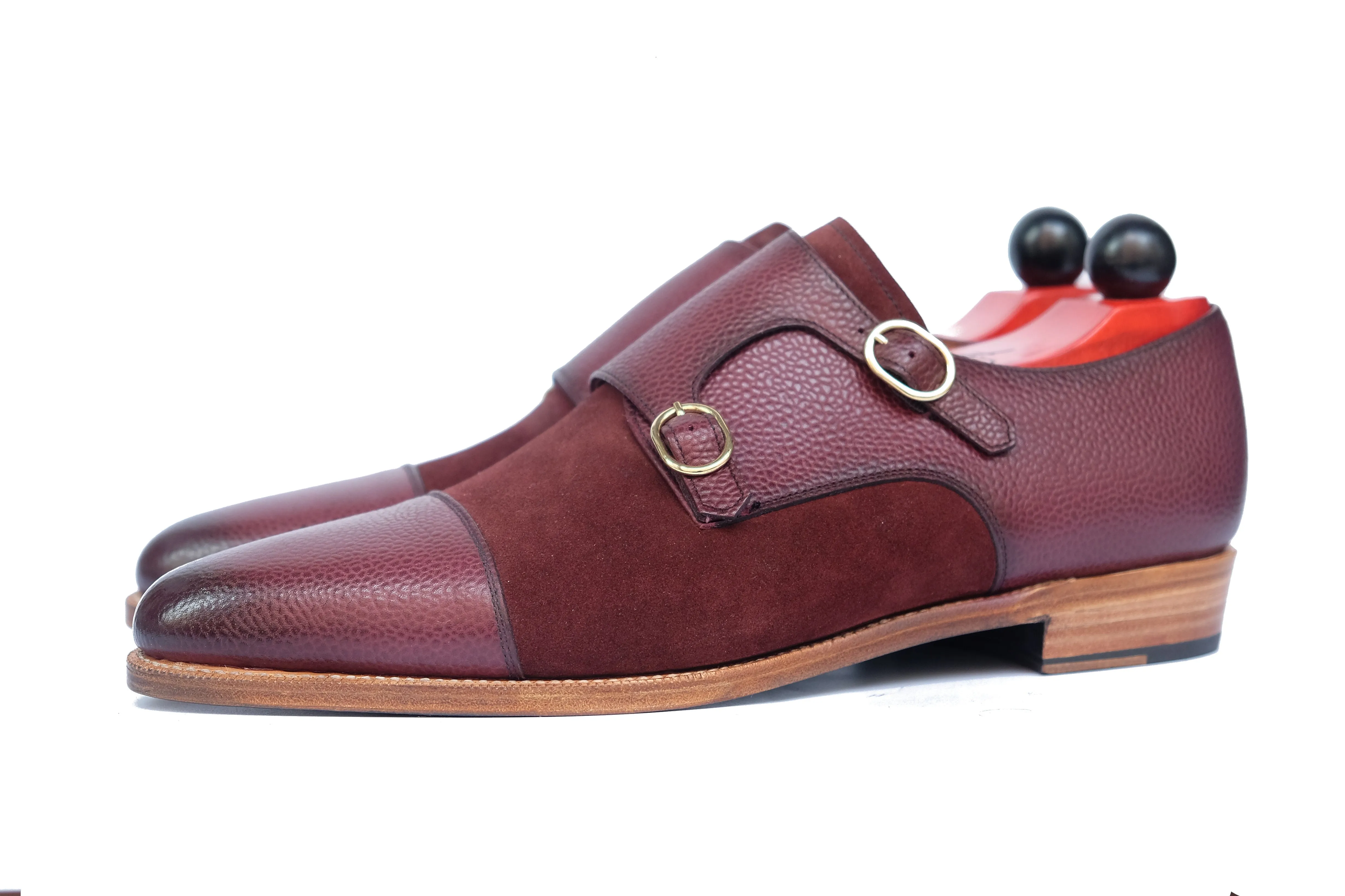 Kent - MTO - Burnished Burgundy Scotch Grain / Burgundy Suede - JKF Last - Gold Hardware - Single Leather Sole - Natural Edging / Black Bottom