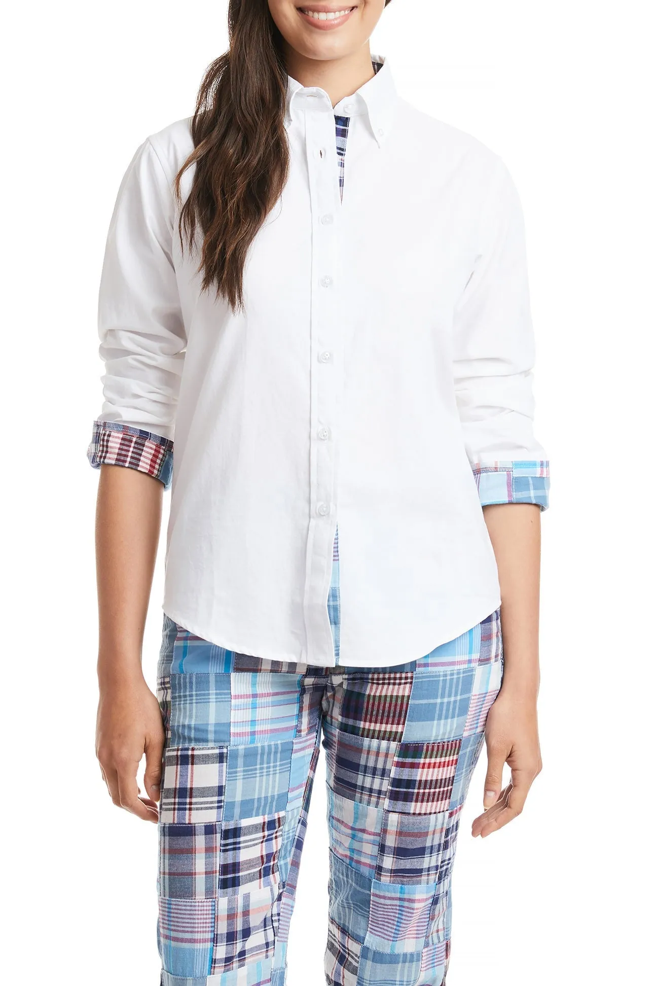 Ladies Button Down Long Sleeve Shirt White Oxford with Seapoint Patch Madras Trim